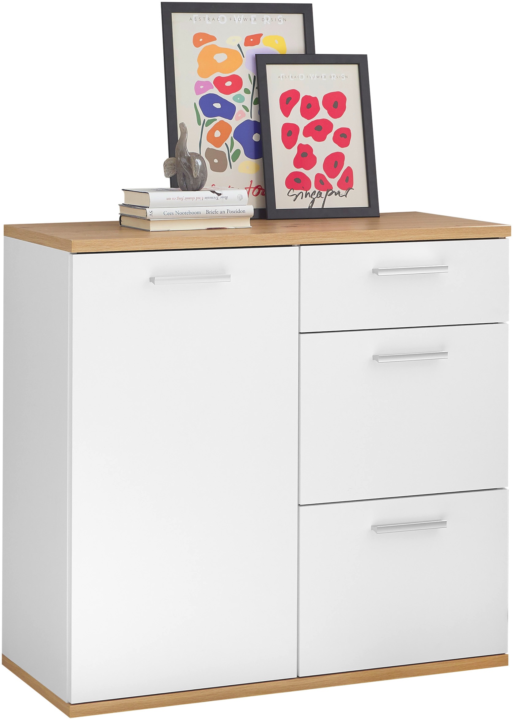 HBZ Kommode »BC1035 weiß matt, BxHxT 95x86x38 cm«, Kommode mit 1 Tür, 3 Schubkästen, 1 Einlegeboden