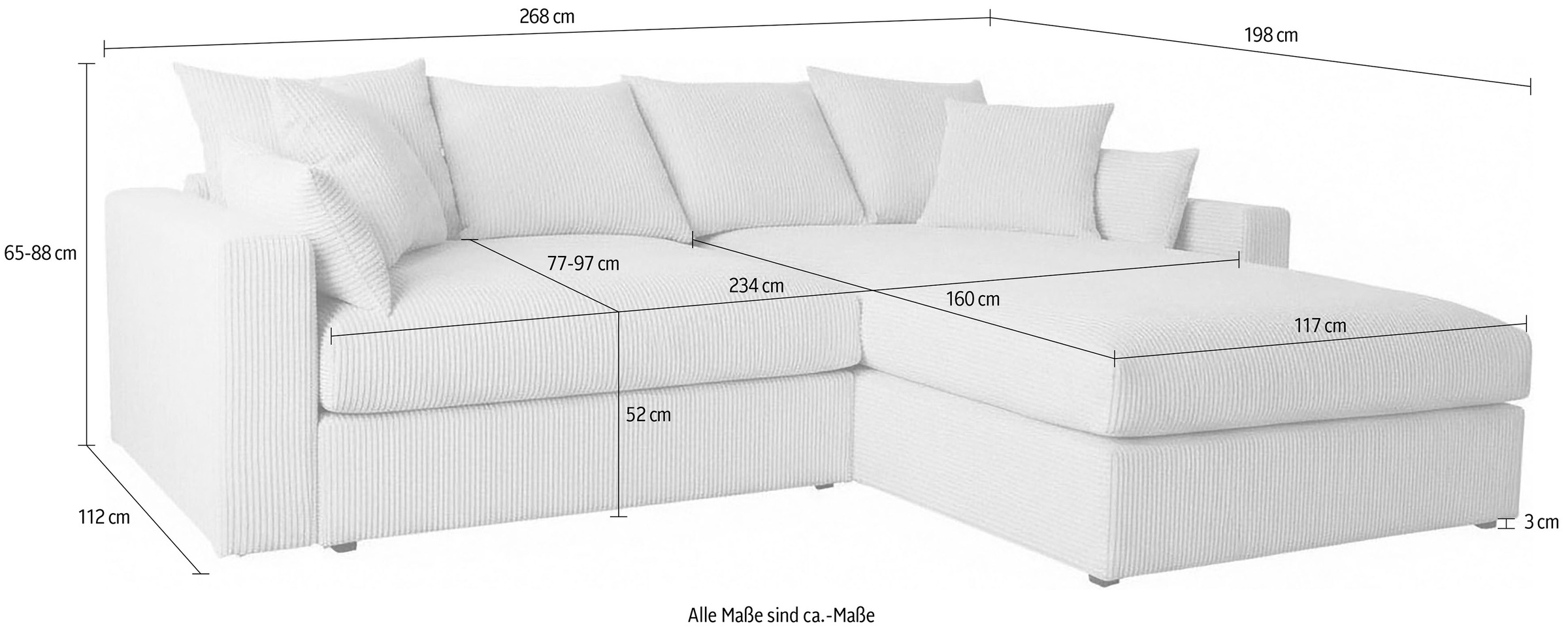OTTO home Ecksofa »Cosy Lounge L-Form, Breite 268 cm« Mega-Sofa mit Cordstoff bezogen, mit Federkern & 5 Zierkissen