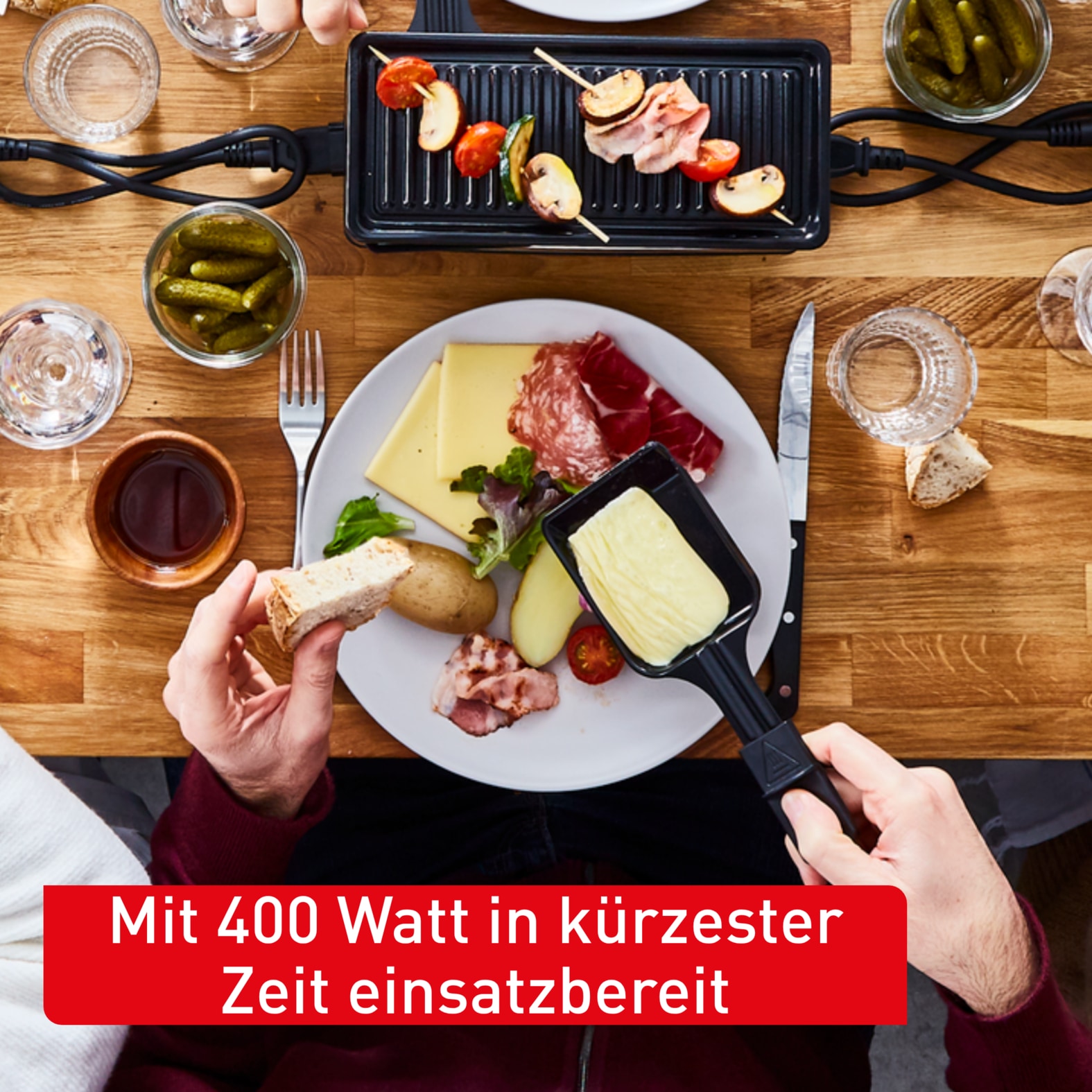 Tefal Raclette »Plug&Share, mit Erweiterungsmöglichkeit, abnehmbares Kabel« 2 Stk. Raclettepfännchen 400 W spülmaschinengeeignete Pfännchen und Platte, platzsparend, RE2308