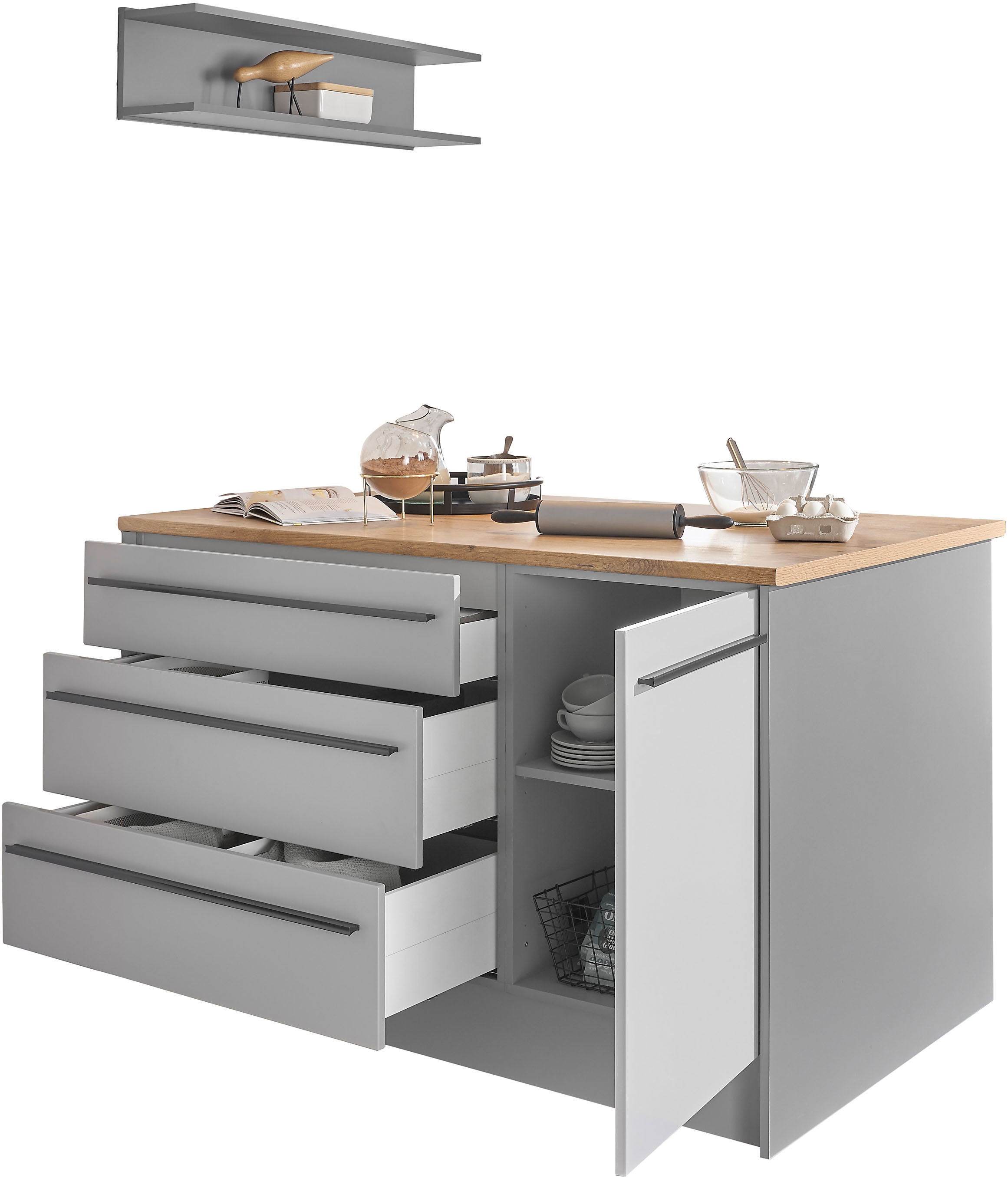 BASIC by Balculina Kücheninsel »Denver, Kochinsel + Küchenregal BxHxT 145 x 90 x 90/BxHxT 90x22x21«, Breite 145 cm, mit Tür, Schubkasten, Klappe und offenem Fach