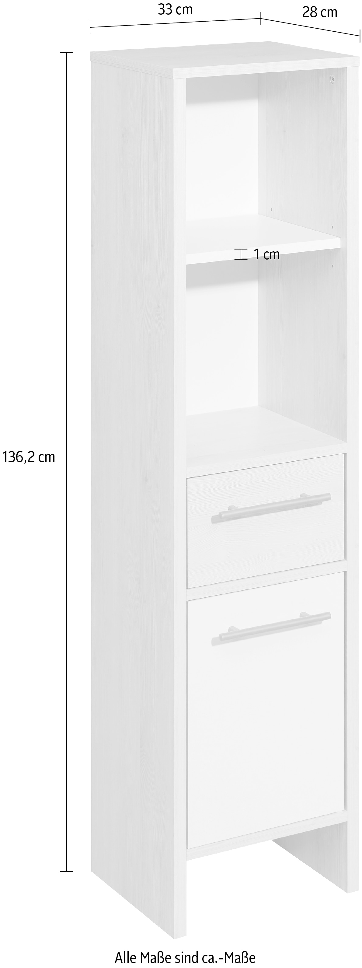 Saphir Midischrank »Quickset 350 Badschrank 33 cm breit, 1 Tür, 1 Schublade, 2 Regalfächer«, (1 St.), Badezimmer-Midischrank Pinie Ida hell, Griffe alufarbig
