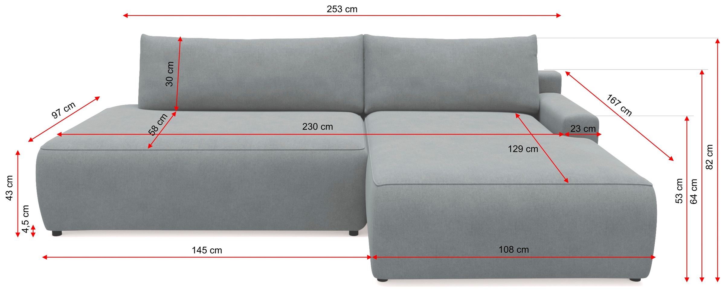 TRENDMANUFAKTUR Ecksofa »Prag, Schlafsofa mit Bettkasten, Couch in L-Form, Breite 253 cm« in feinem Strukturstoff, anthrazit, Recamiere rechts