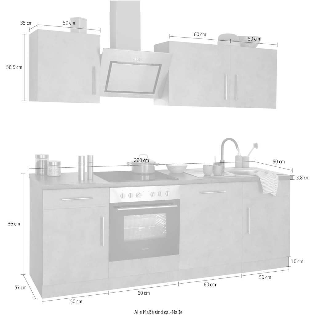 wiho Küchen Küchenzeile »Cali«, mit E-Geräten, Breite 220 cm mit Hanseatic E-Geräten