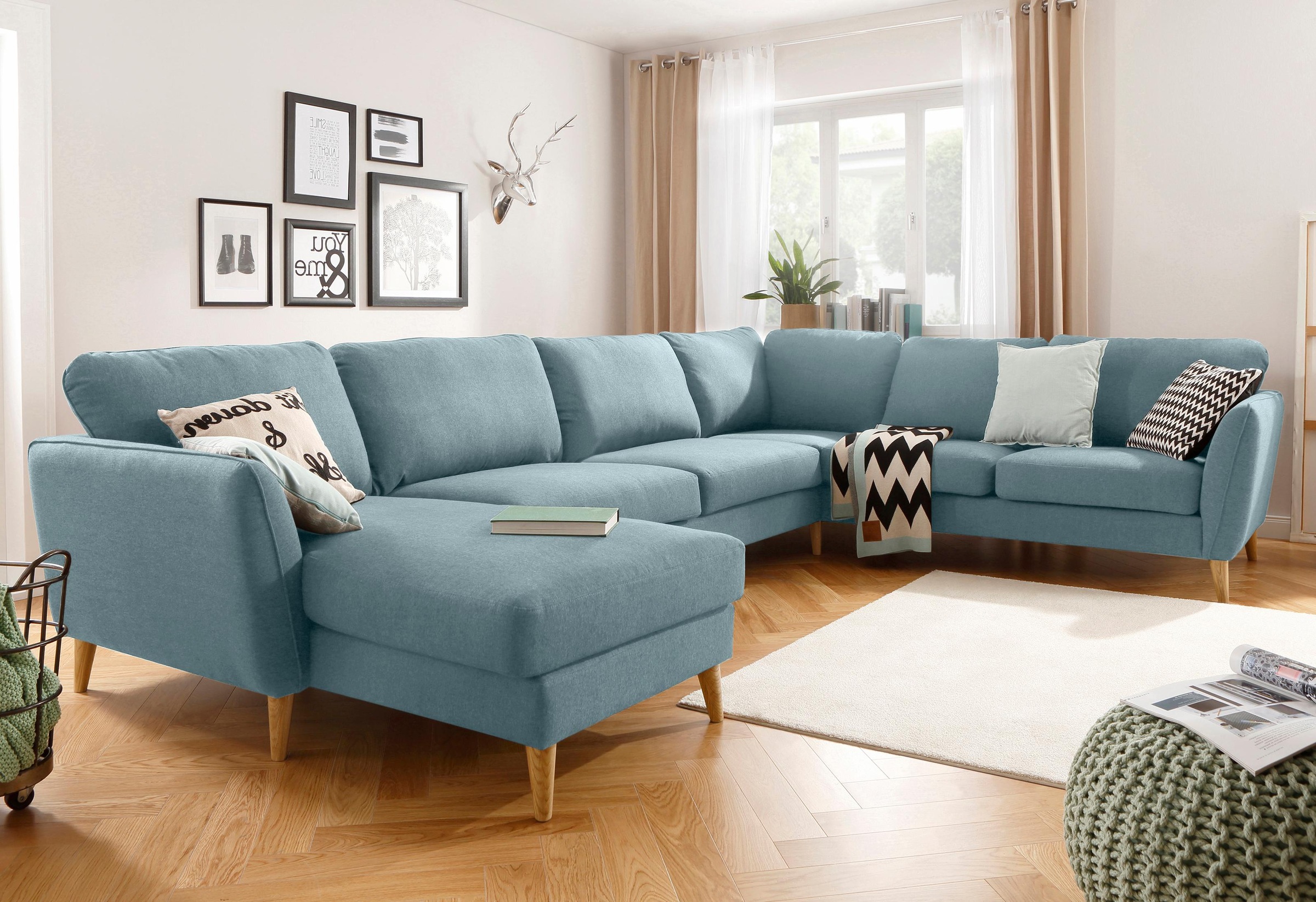 Home affaire Wohnlandschaft »MARSEILLE XXL 349cm, U-Form, Ottomane rechts/links wählbar«, Massivholzbeine Eiche, Landhausstil, Wellenunterfederung