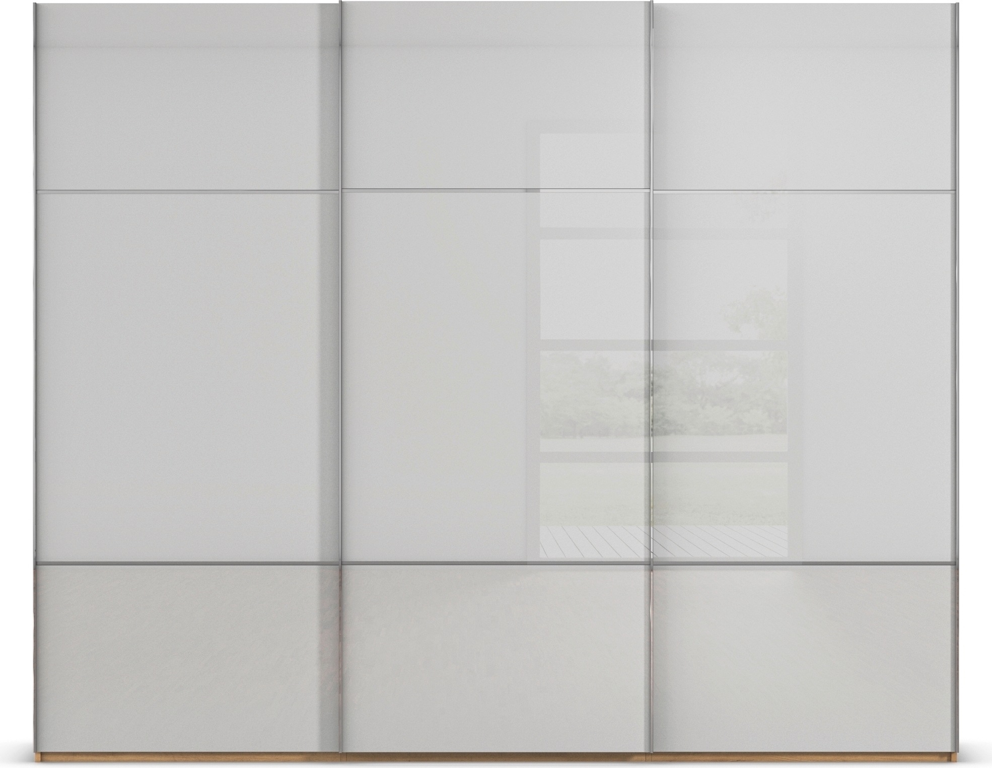 rauch Schwebetürenschrank »Kleiderschrank Schrank Garderobe Schlafzimmerschrank SCALE-TRIO«, edle dreigeteilte Front mit 2 Zierleisten Glasfront MADE IN GERMANY