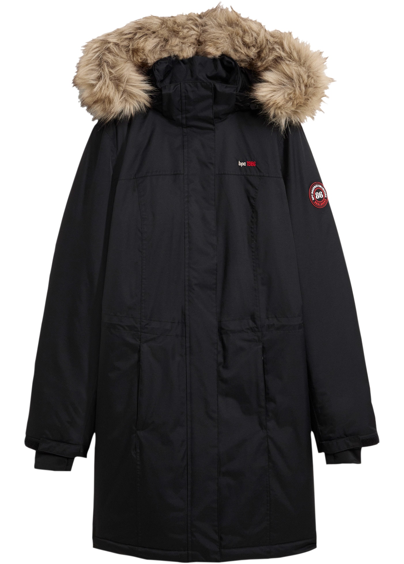 bonprix Wintermantel mit abnehmbarer Kapuze + Fellimitat, mit Innentasche und Kabelführung