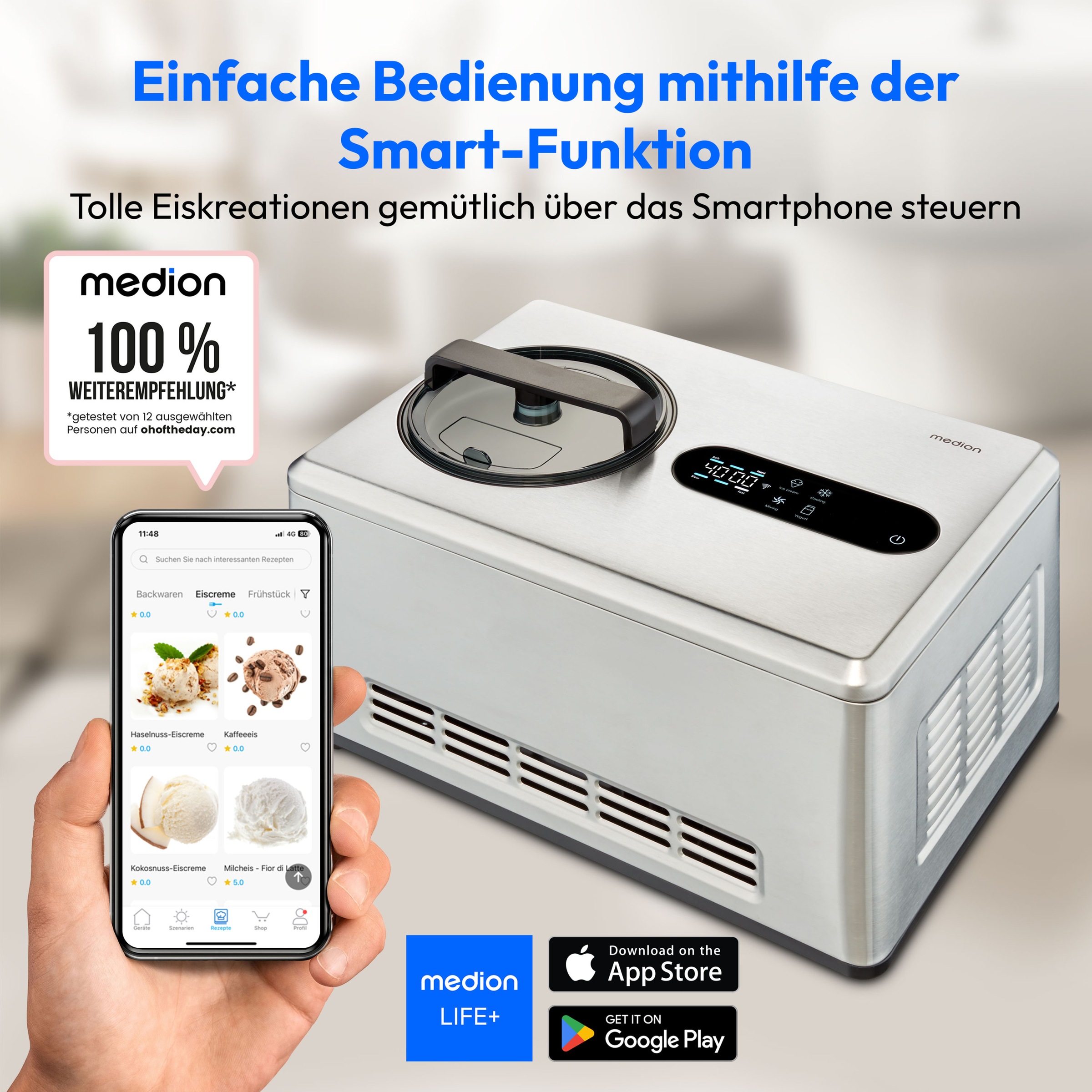 Medion® Eismaschine »MD 12170, 2 L Kapazität, integrierter Kompressor, Smartphonesteuerung«, 220 W, Herausnehmbarer Edelstahl-Eisbehälter, Sensor-Touch-LED-Display
