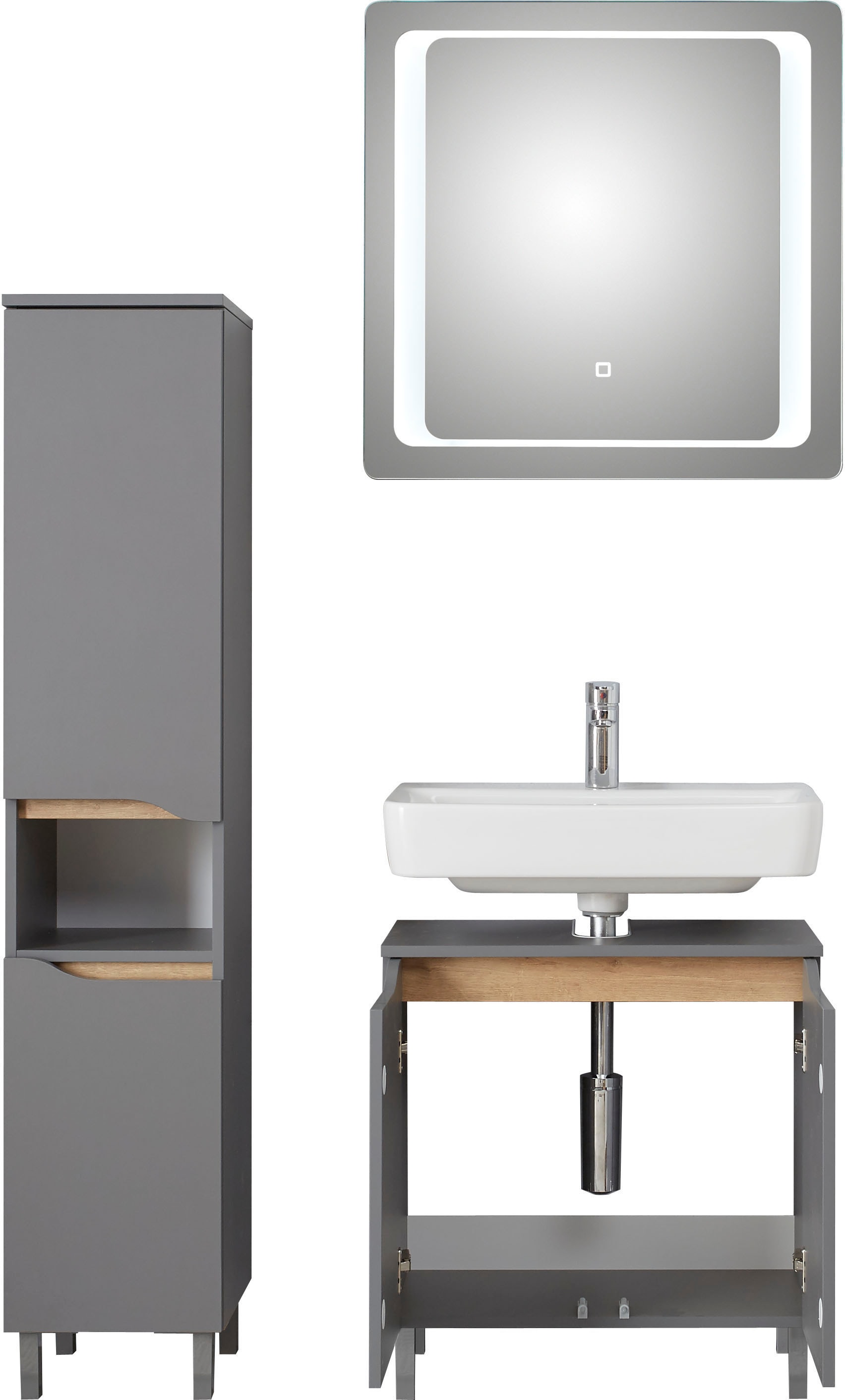 Saphir Badmöbel-Set »Quickset 3-teilig, Waschbeckenunterschrank mit LED-Spiegel«, (3 St.), mit Midischrank, inkl. Türdämpfer, 4 Türen, 1 Nische, Bad-Set