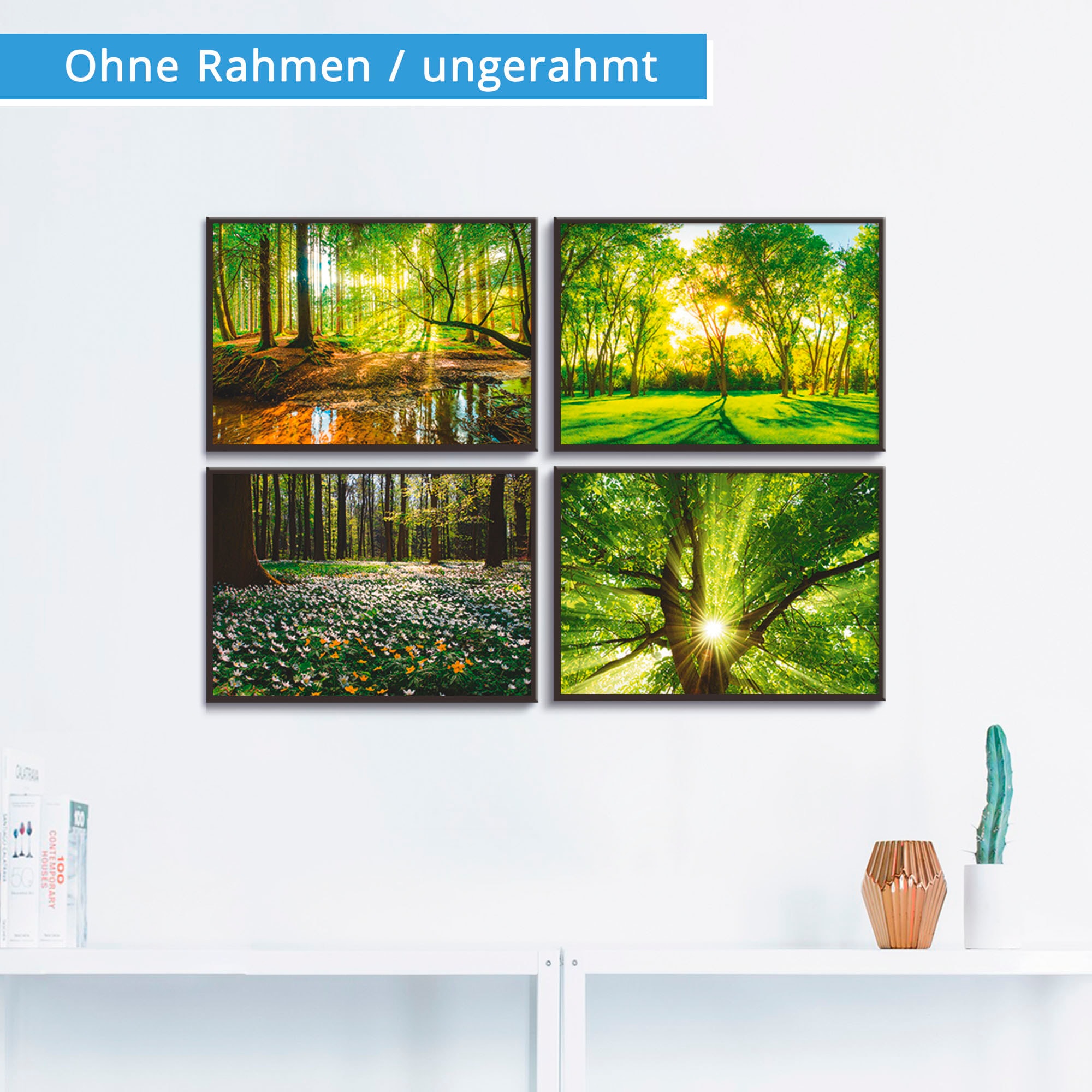 Artland Poster »Wald Bach Frühling Windrosen Sonne Baum«, Wald, (4 St.), Po günstig online kaufen