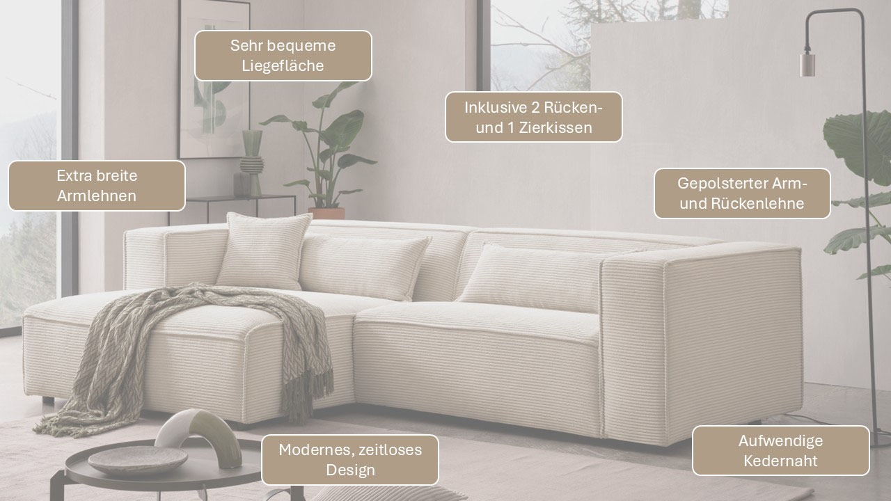 LeGer Home by Lena Gercke Ecksofa »PIARA mit Kedernaht, Cord, Leinenoptik o. Strukturstoff, Couch, L-Form« wahlweise Ottomane rechts/links, schwarze Füße, bequemer Sitzkomfort