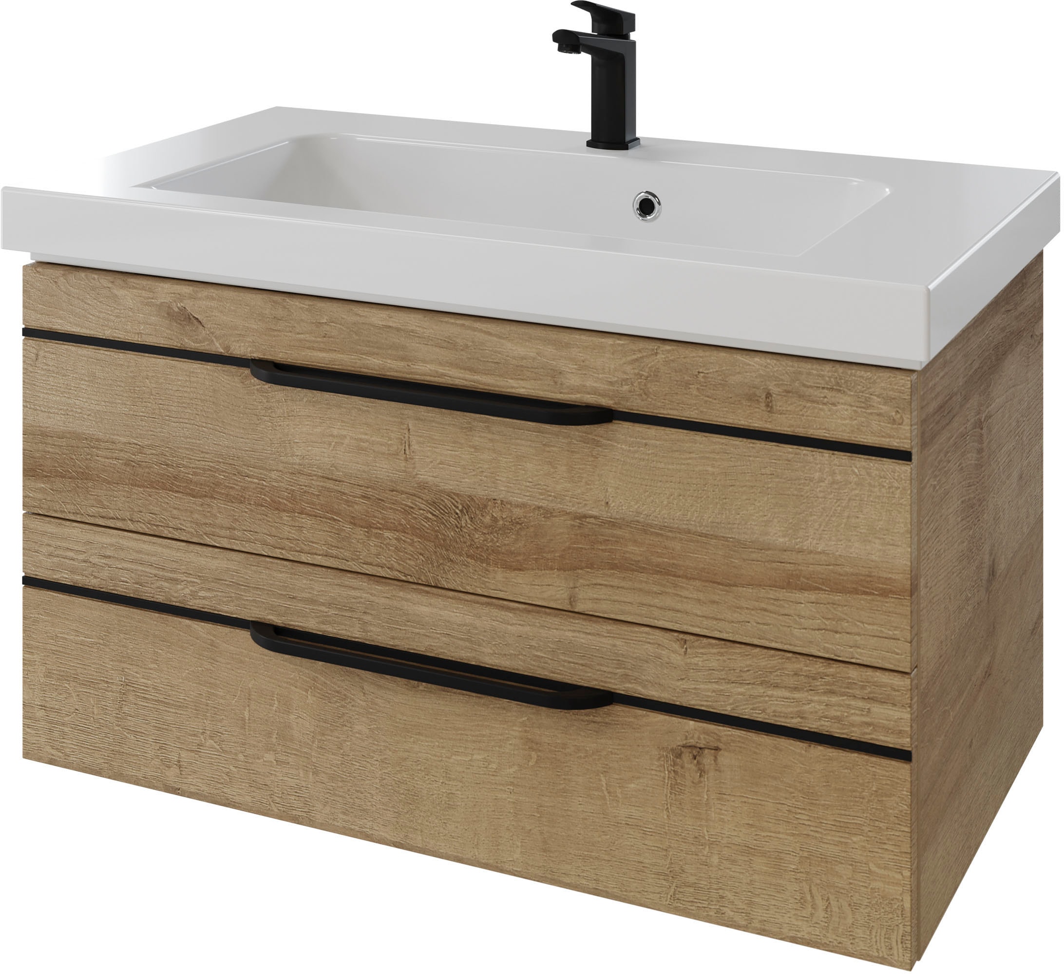 Saphir Badmöbel-Set »Balto 2-teilig Mineralmarmor-Waschtisch mit LED-Spiegel, Waschplatz«, (2 St.), 92 cm breit, mit 2 Schubladen, Badschrank inkl. Schubladendämpfer