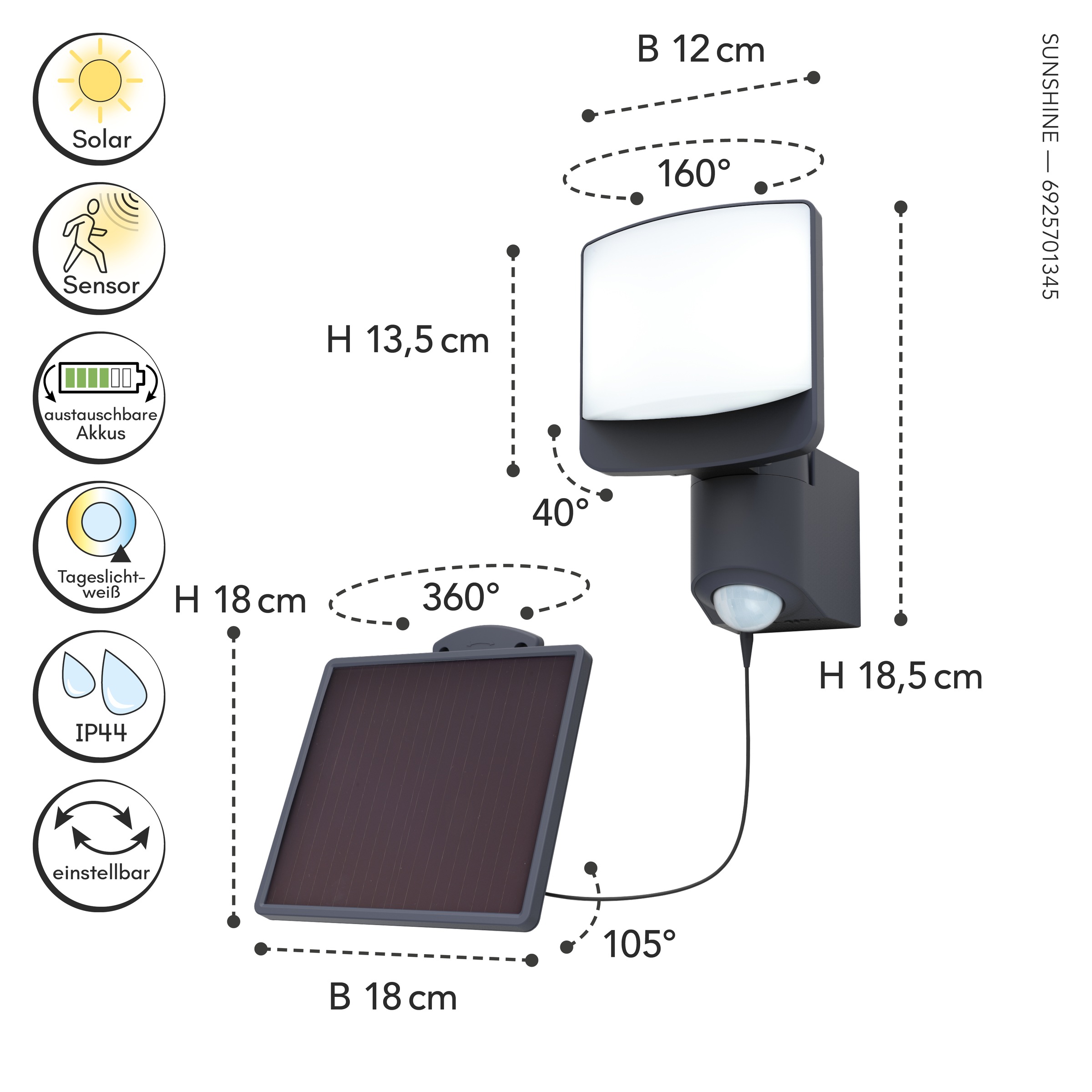 LUTEC LED Solarleuchte »LED-Solar Wandleuchte SUNSHINE«, 1 flammig, Leuchtmittel LED-Board | LED fest integriert, dreh- und schwenkbar