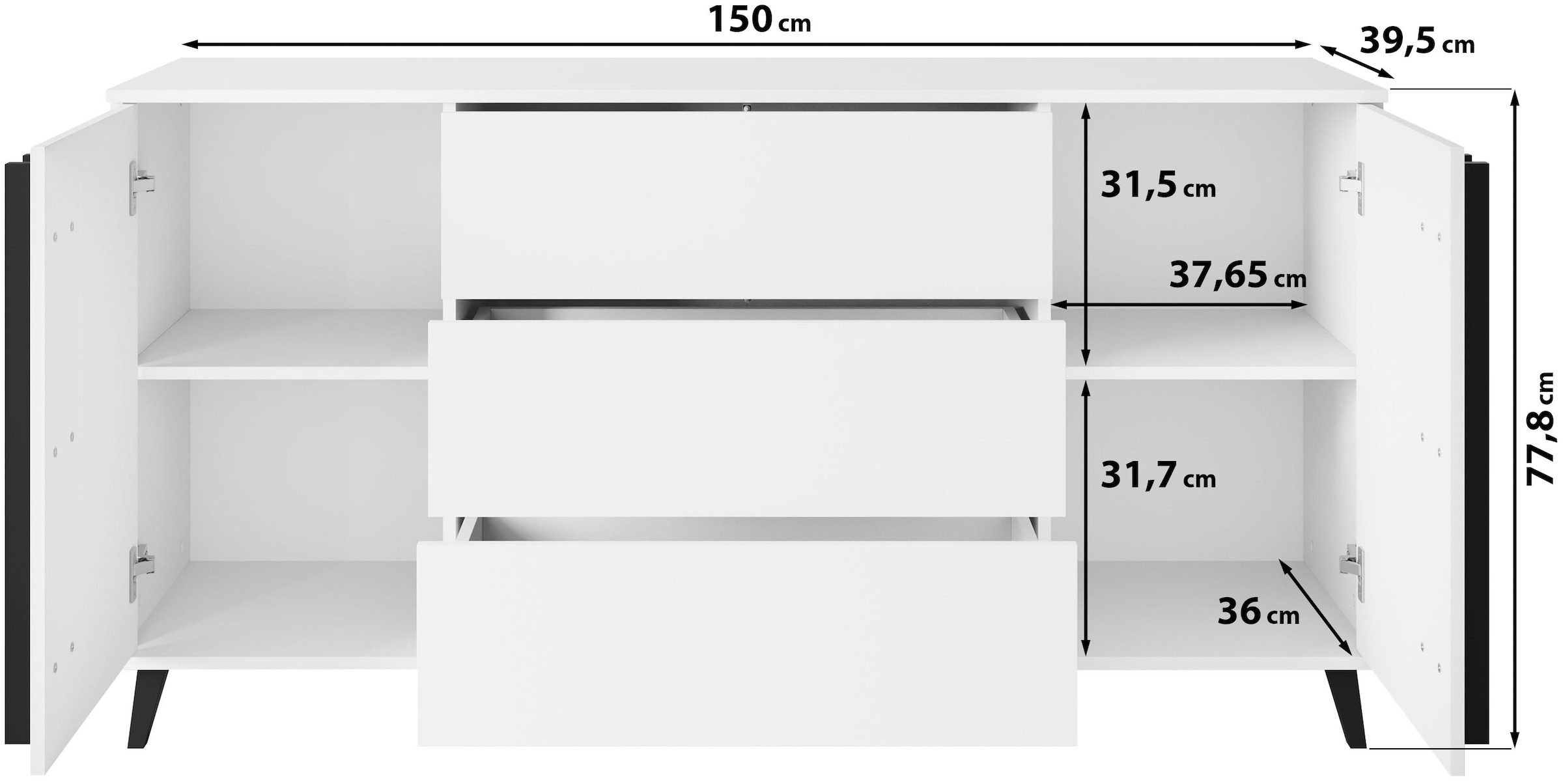 INOSIGN Sideboard »Helsinki, Kommode mit 2 Türen und 3 Schubladen, Breite 150 cm«, (1 St.), Push-to-Open-Schubladen, höhenverstellbare Einlegeböden