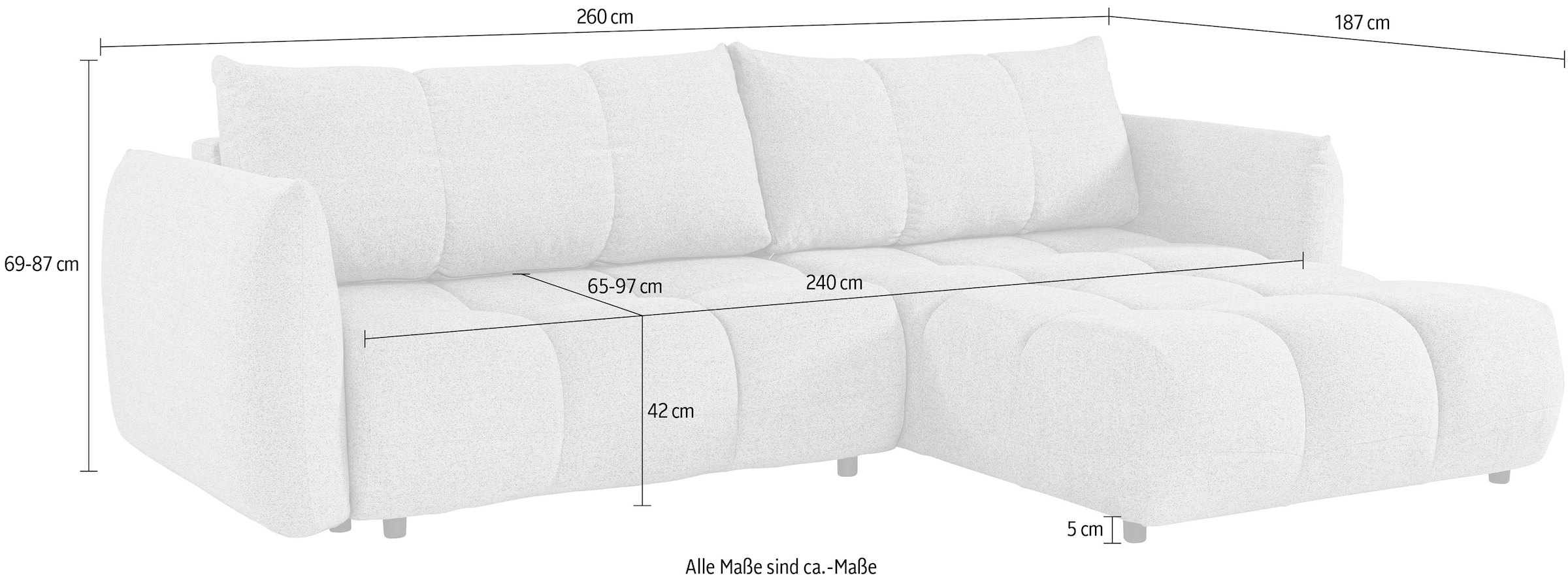 exxpo - sofa fashion Ecksofa »Livonia, B/T: 260/187, modern & praktisch für kleine Räume« Mit Bettfunktion & Bettkasten,hoher Sitzkomfort,inkl. Steppung, L-Form