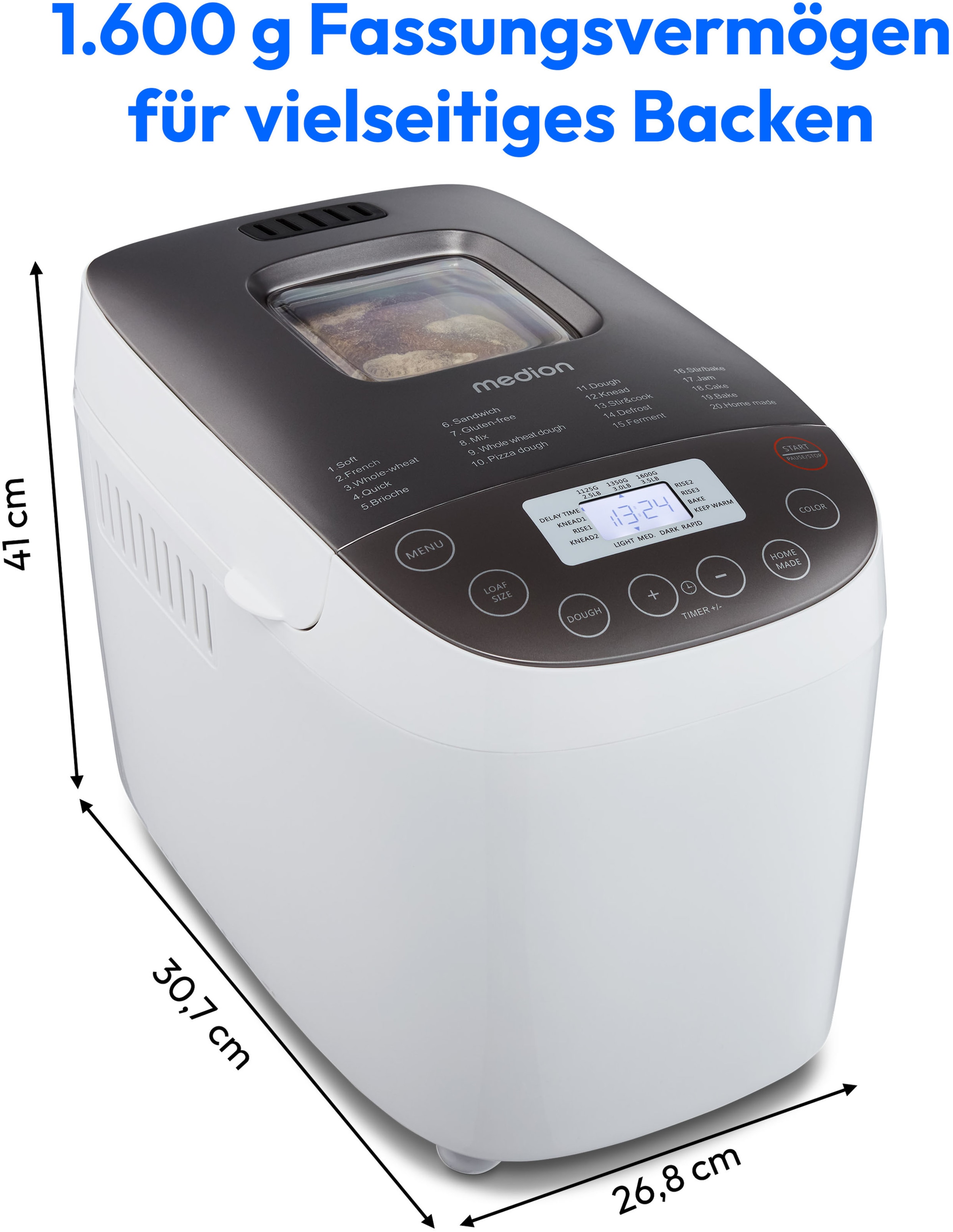 Medion® Brotbackautomat »MD 12040, 20 Backprogramme, 3 Bräunungssufen, doppelter Knethaken«, 20 Programme, 950 W, Bis zu 1600g Fassungsvermögen, Warmhaltefunktion, ILAG Beschichtung