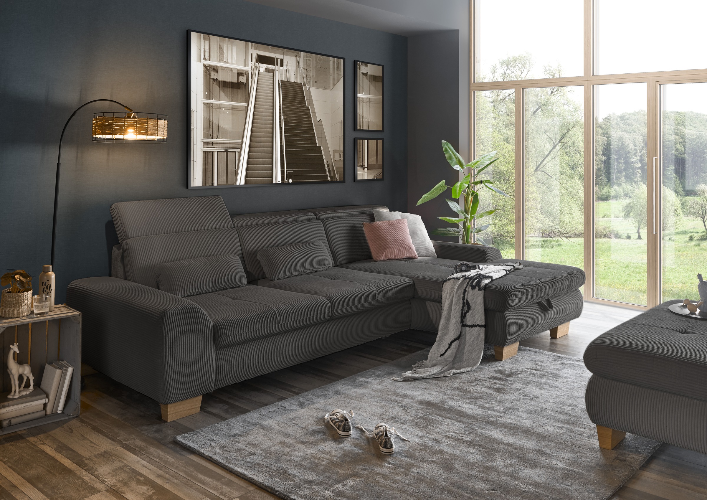 set one by Musterring Ecksofa »SO 3400 Sitzhöhe 47cm oder 49cm, Sitztiefe verstellbar, B/T: 307/195cm«, Kopteil verstellbar, mit Bettfunktion, in Cord, anthrazit, Sitzhöhe 47