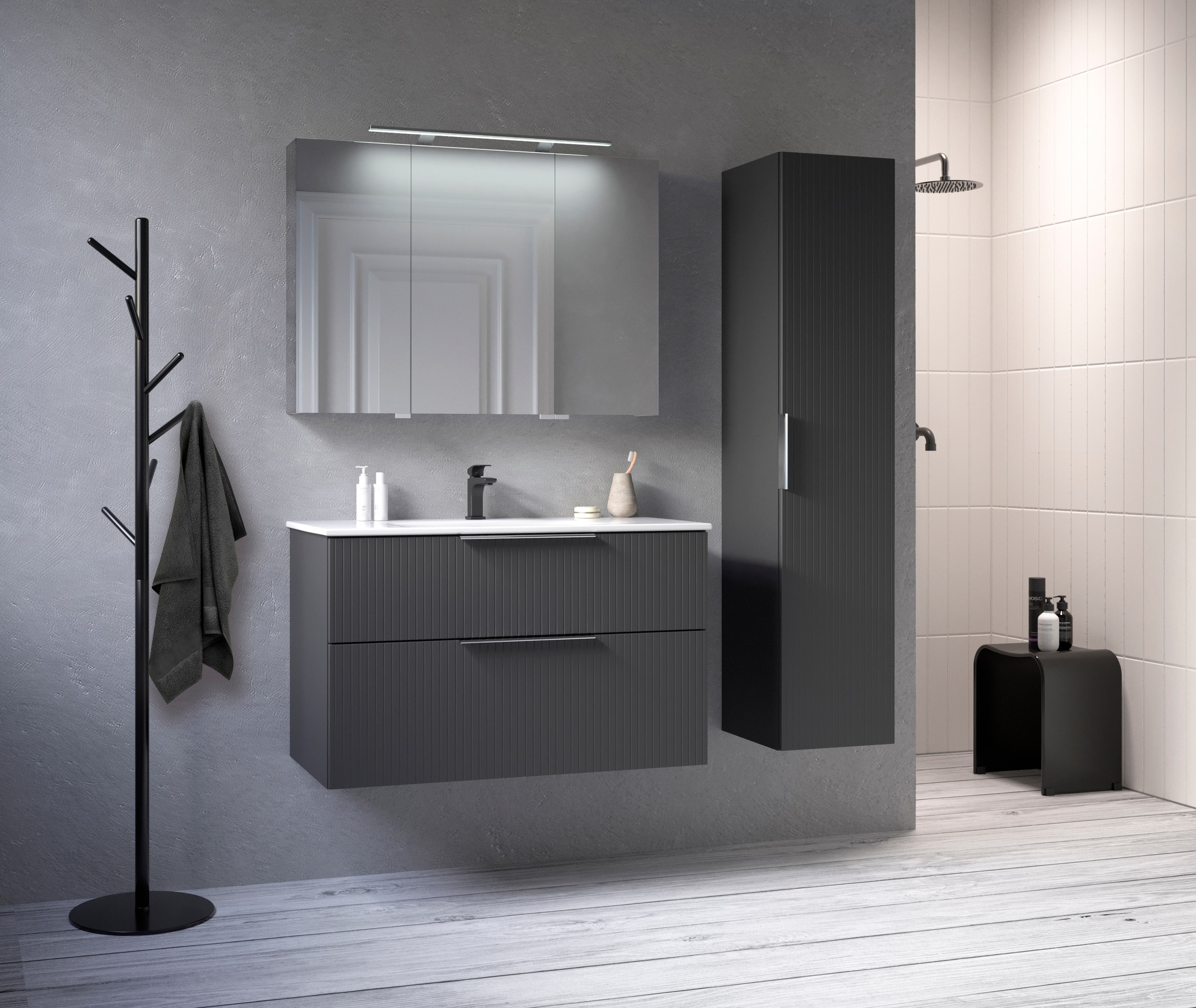 welltime Spiegelschrank »G-Line«, doppelseitig verspiegelt und mit verspiegelten Seitenwänden, Softclose