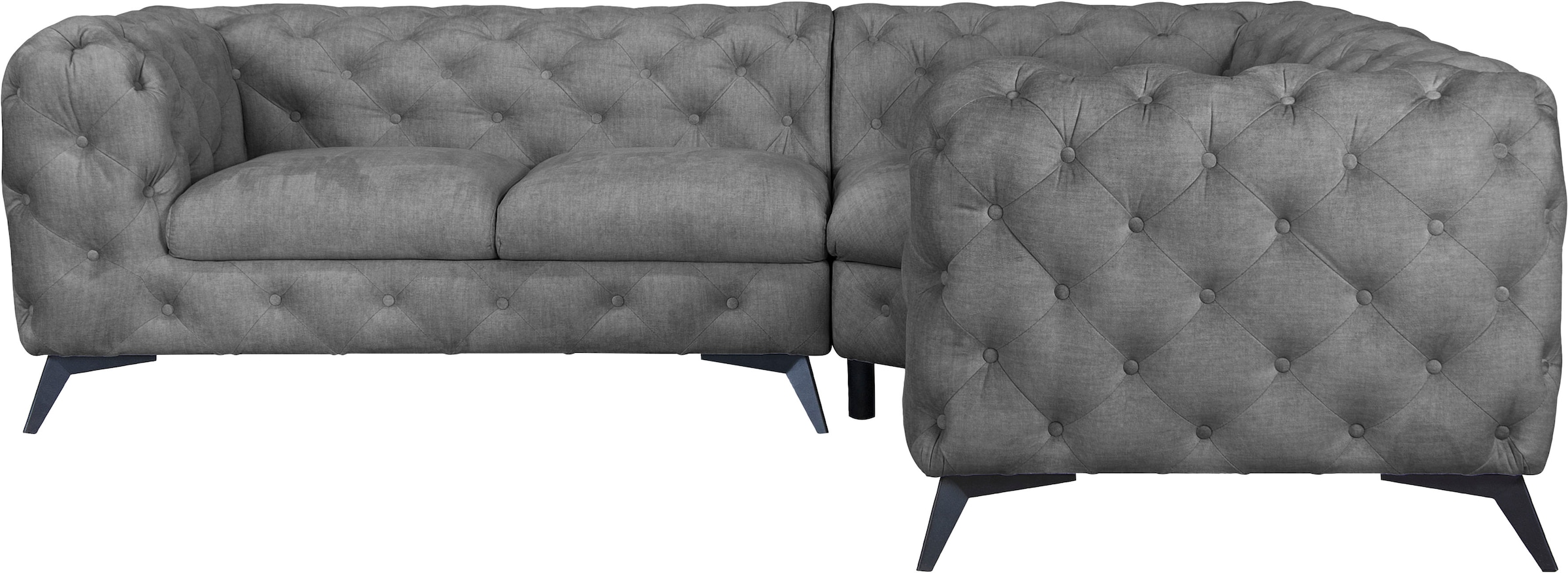 Leonique Chesterfield-Sofa »Ecksofa GLYNIS L-Form mit Wellenunterfederung, Maße B/T/H 264/264/75cm«, aufwändige Knopfheftung, moderne Chesterfield Optik, Fußfarbe wählbar