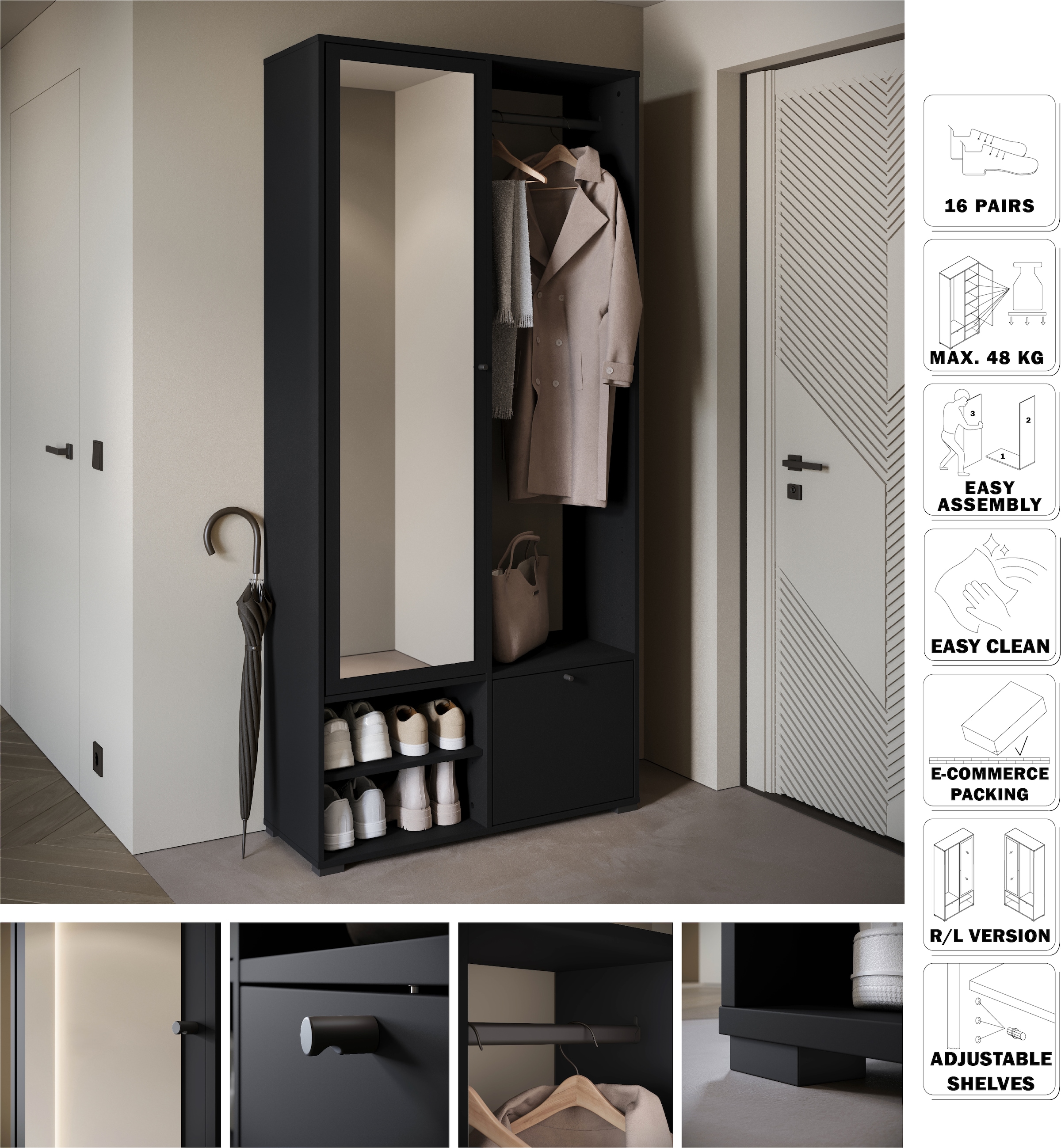 INOSIGN Garderobenschrank »DINO Kompaktgarderobe, Garderoben-Set DINO«, Mit Spiegel und Kleiderstange, 90 cm breit, Türanschlag wechselbar