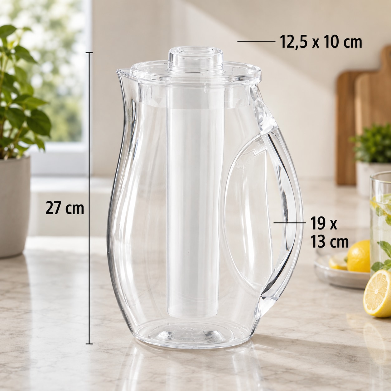 APS Wasserkaraffe mit Eiswasser-Röhre, aus Kunststoff, 2,8 Liter, 19 x 13 cm, H: 27 cm