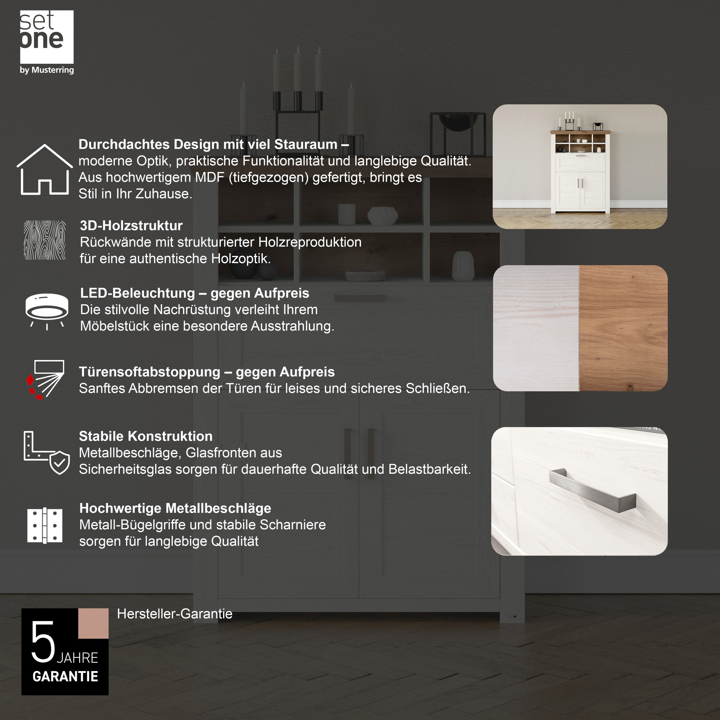 set one by Musterring Highboard »York«, Typ 15, mit Holztüren und Klappe, Beleuchtung optional, Breite 105 cm