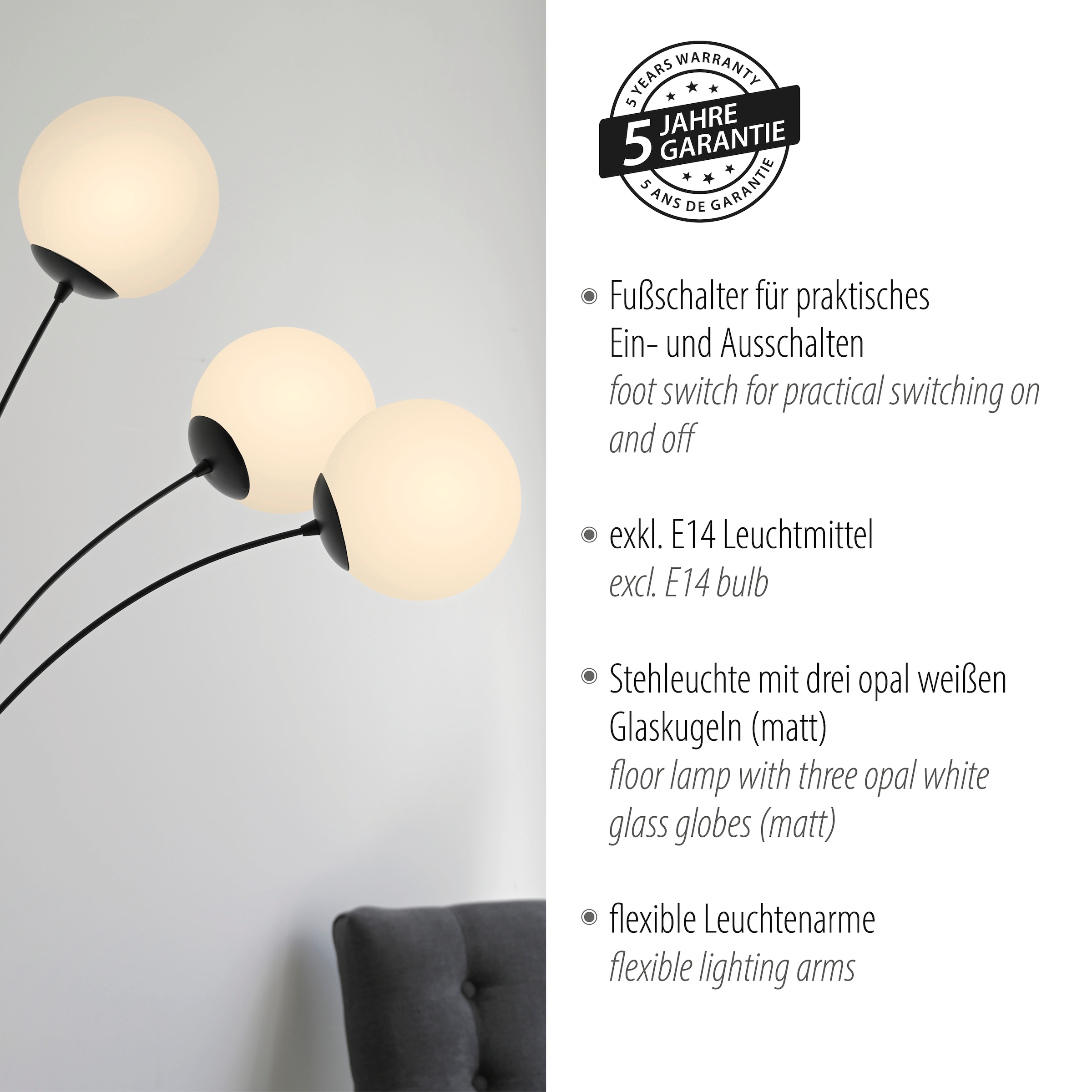 andas Stehlampe »Nymölla«, 3 flammig, Leuchtmittel E14 | ohne Leuchtmittel, Stehleuchte mit großen Glaskugeln amberfarben oder opal matt weiß
