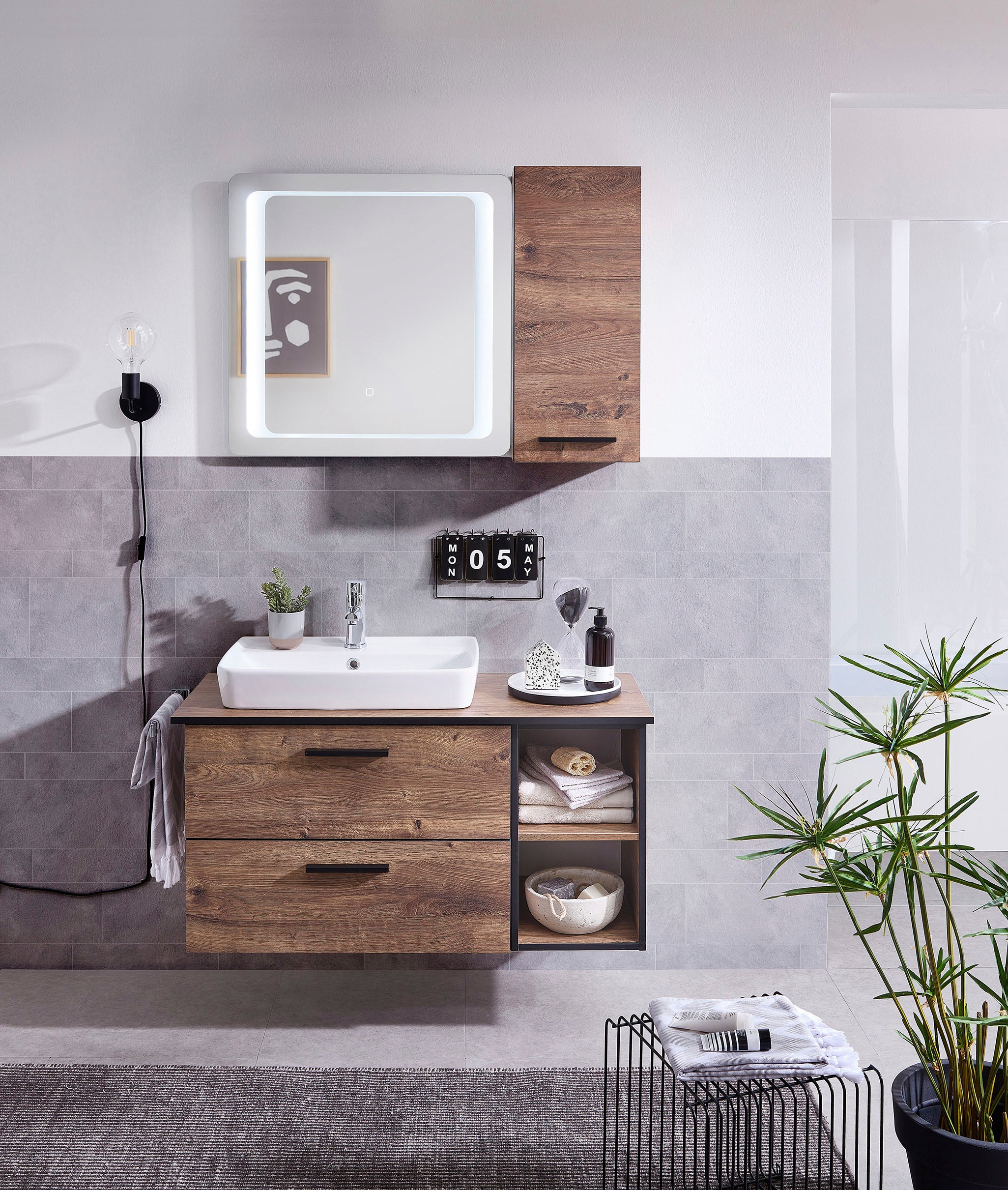 Saphir Badmöbel-Set »Quickset 374 Keramik-Aufsatzwaschtisch mit Unterschrank, 73 cm breit«, (3 St.), Waschplatz mit 2 Schubladen, Eiche Ribbeck quer Nachbildung