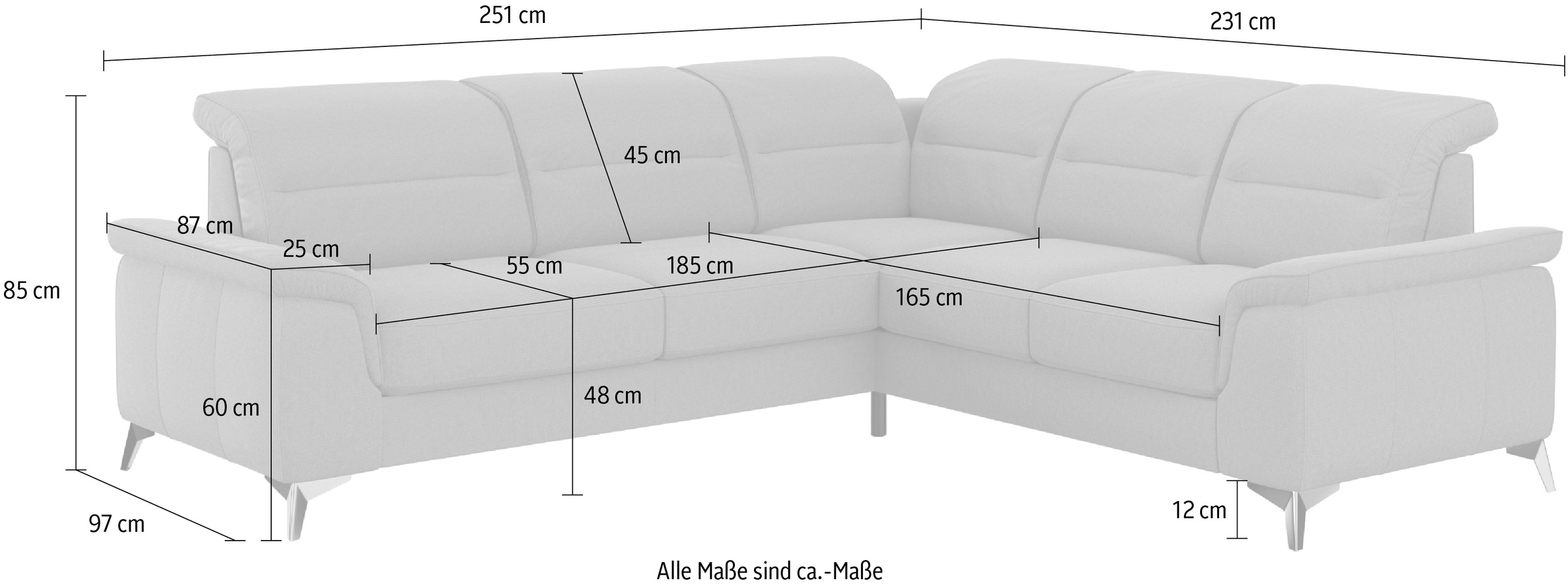 sit&more Ecksofa »Sinatra L-Form«, optinal mit Kopfteilverstellung und Armteilfunktion, Metallfüße