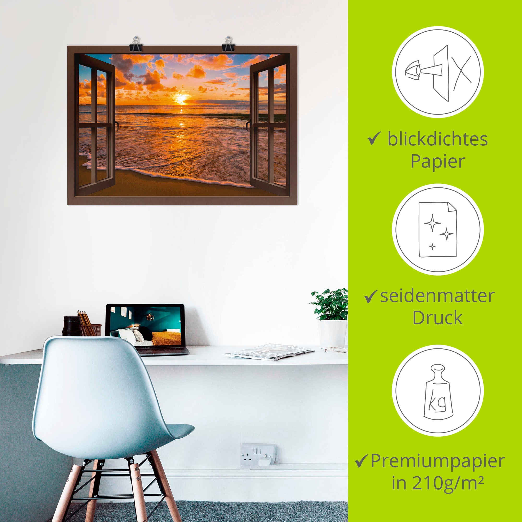 Artland Wandbild »Fensterblick Sonnenuntergang am Strand«, Sonnenaufgang & -untergang, (1 St.), als Leinwandbild, Poster, Wandaufkleber in verschied. Größen