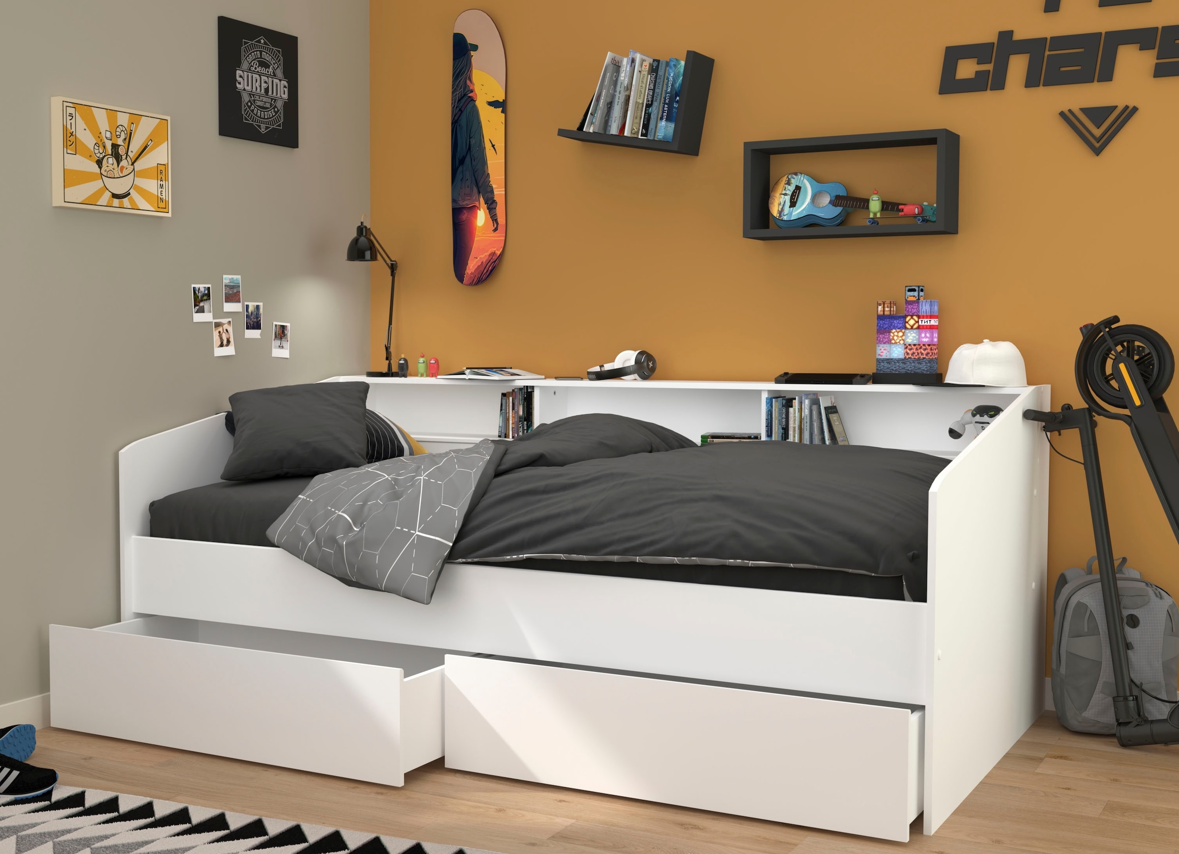 Parisot Stauraumbett »Sleep, Daybed, Kinderbett, Rückwand der Regale drehbar (farbig + weiß)«, inklusive, Regale, Schubkästen, viel Stauraum, TOPSELLLER!
