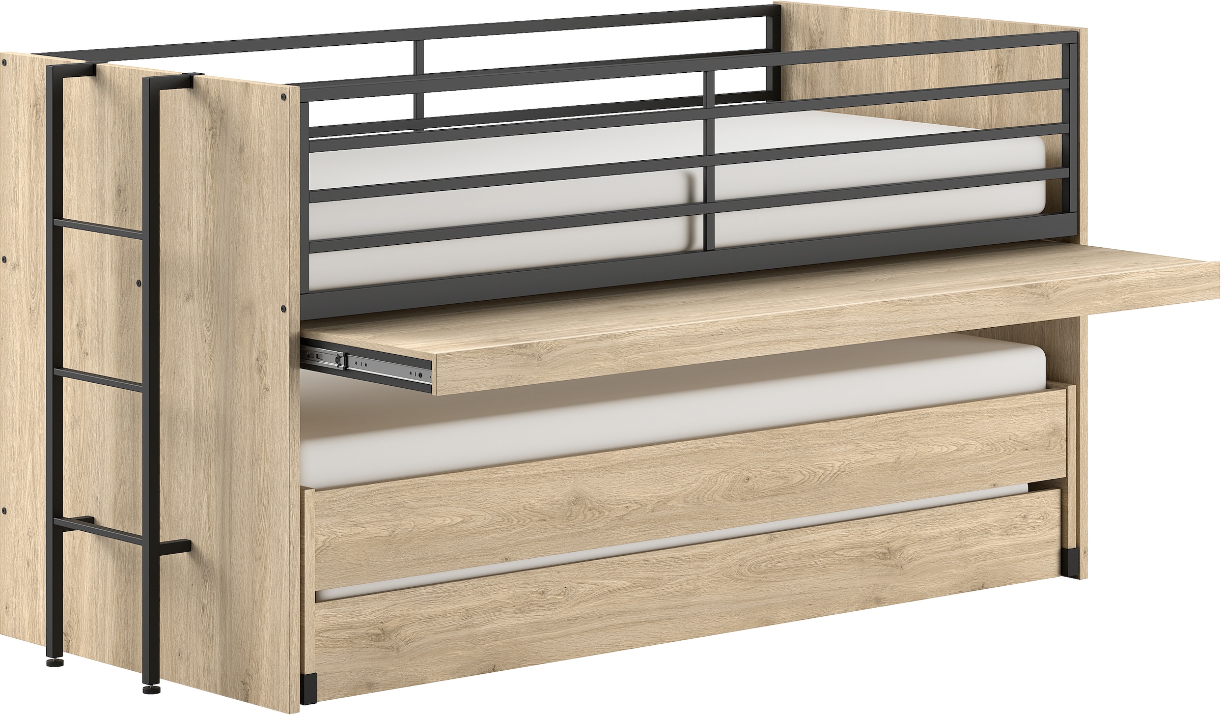 Home affaire Etagenbett, (Made in Europe), für kleine Räume, 2 Liegefl., Bettschublade, inkl. Schreibtisch, Dekor