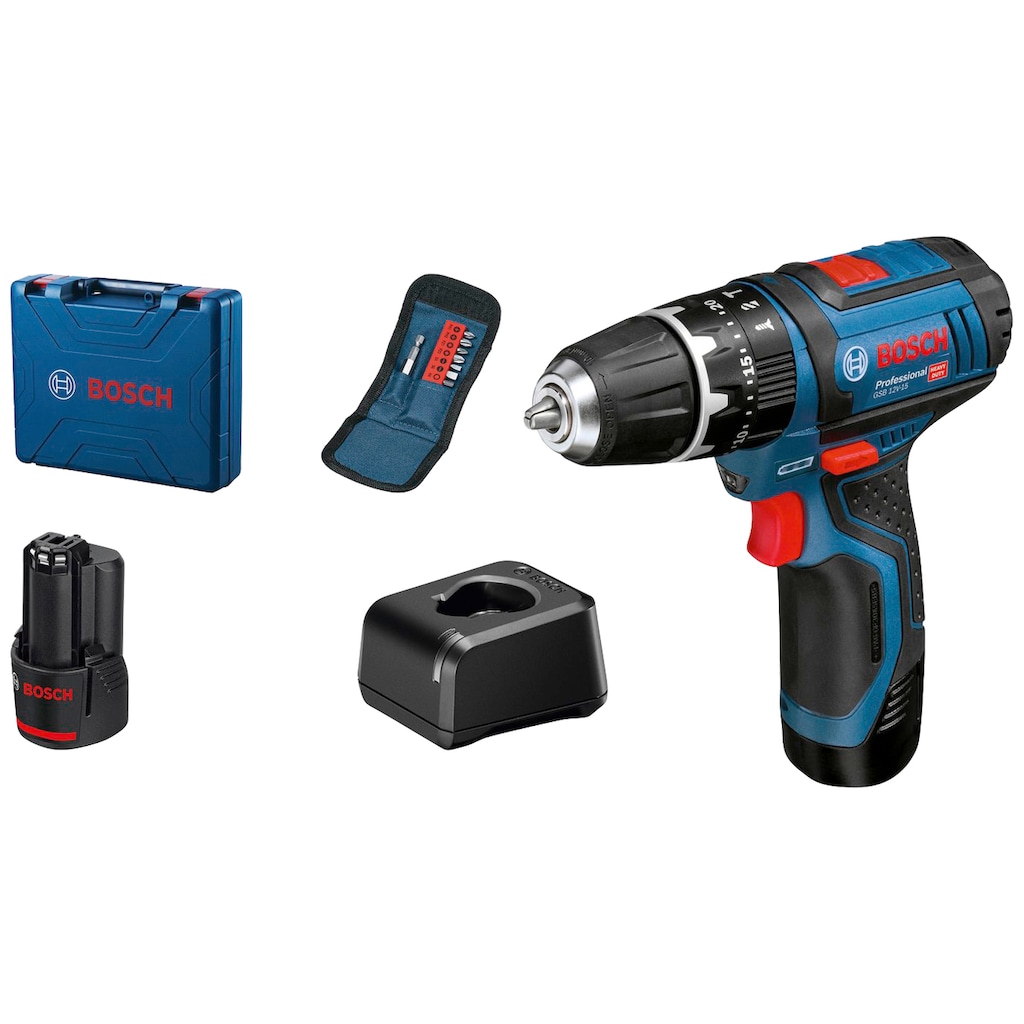 Bosch Professional Akku-Schlagbohrschrauber »GSB 12C-15 Professional«, (Set), inkl. Zubehörset, 2 Akkus, Ladegerät und Koffer