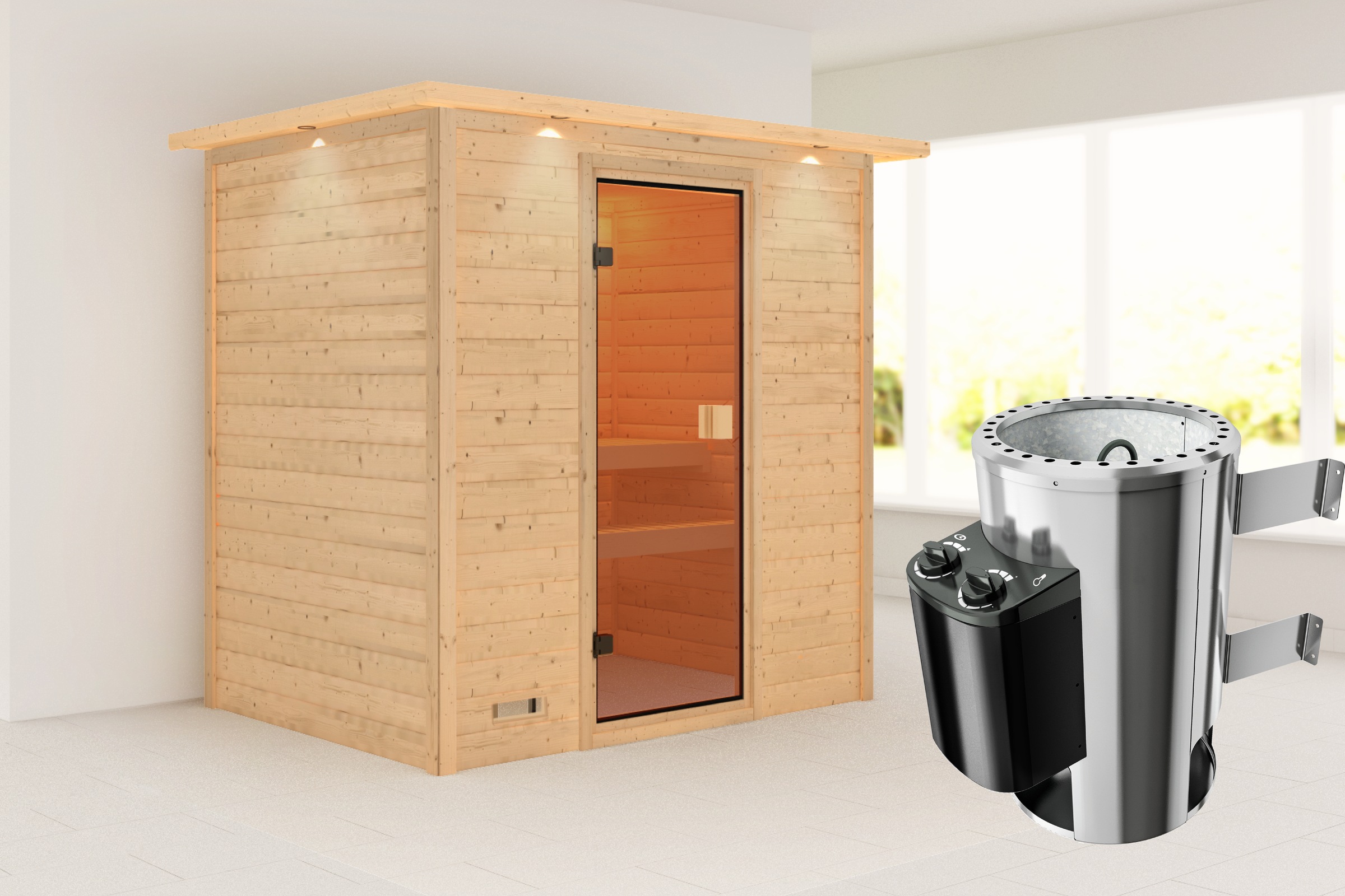 Karibu Sauna »"Sunie" mit bronzierter Tür und Kranz, naturbelassen« aus hoc günstig online kaufen