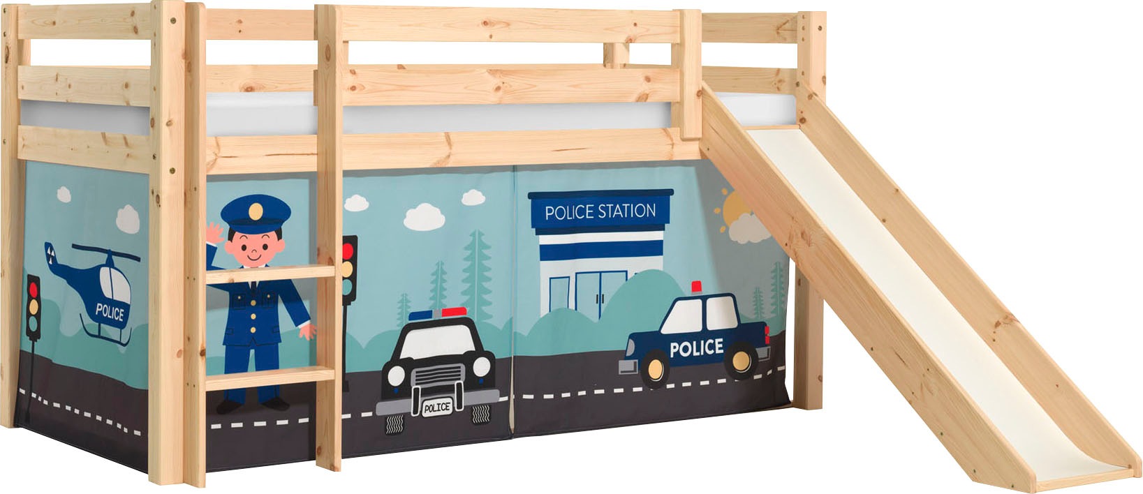 Vipack Spielbett »Vipack Pino«, (Made in Europe), Hochbett mit Textil-Set, inkl. Rolllattenrost, Leiter und Rutsche