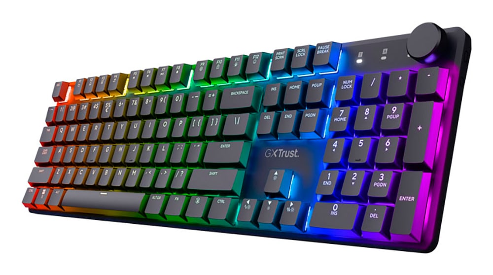 Trust Gaming-Tastatur »GXT 868 Torix«, (Anpassbare Höhe-Ziffernblock-USB-Anschluss-Fn-Tasten-Multimedia-Tasten-Windows-Sperrtaste), kabellose mechanische, QWERTZ Layout, RGB Huano Switches Flache Tasten