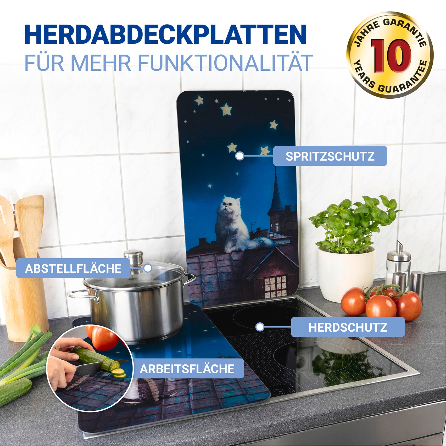 WENKO Herd-Abdeckplatte »Universal Modell Moon Cat«, (Set, 2 tlg.), Herdabdeckung für alle Herdarten, kratzfest, mit rutschfesten Füßen