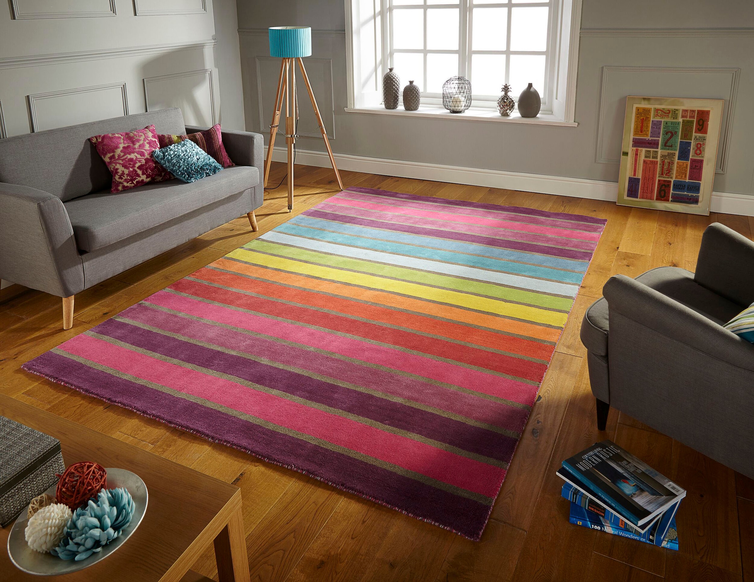 FLAIR RUGS Wollteppich »Candy«, rechteckig, 10 mm Höhe, aus 100% Wolle, Design mit Streifen, mehrfarbig gemustert, bunt