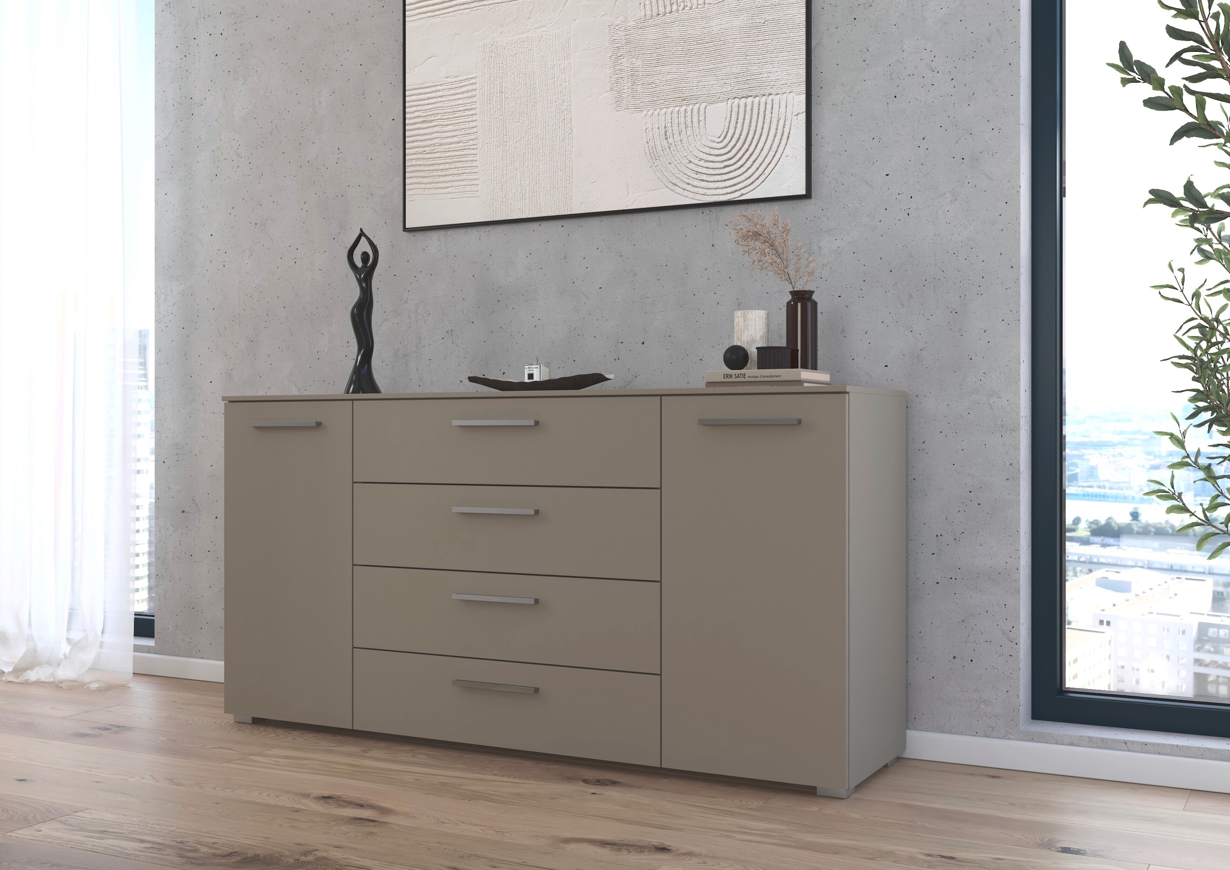 rauch Kombikommode »Sideboard Schubkommode Kommode MONTCLAR Front Dekor/Hochglanz/Glas« Breite 160 / Höhe 81 cm, 2 Einlegeböden, inkl. Soft-Close-Funktion,  2-türig, 4 geräumige Schubladen, viele Griffvarianten MADE IN GERMANY