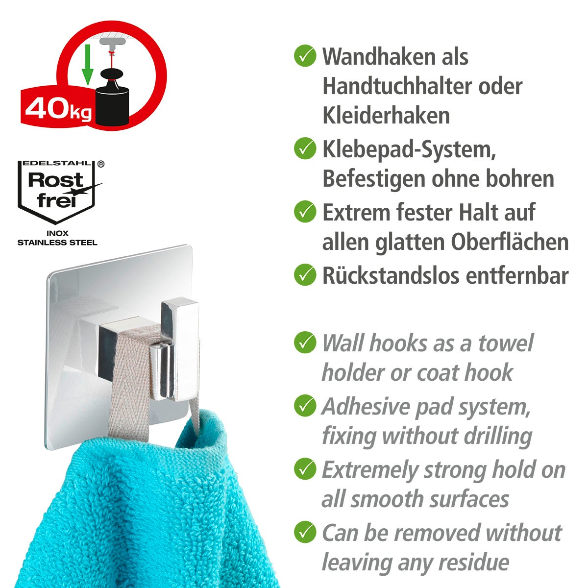 WENKO Wandhaken »Turbo-Loc® Quadro«, ohne Bohren