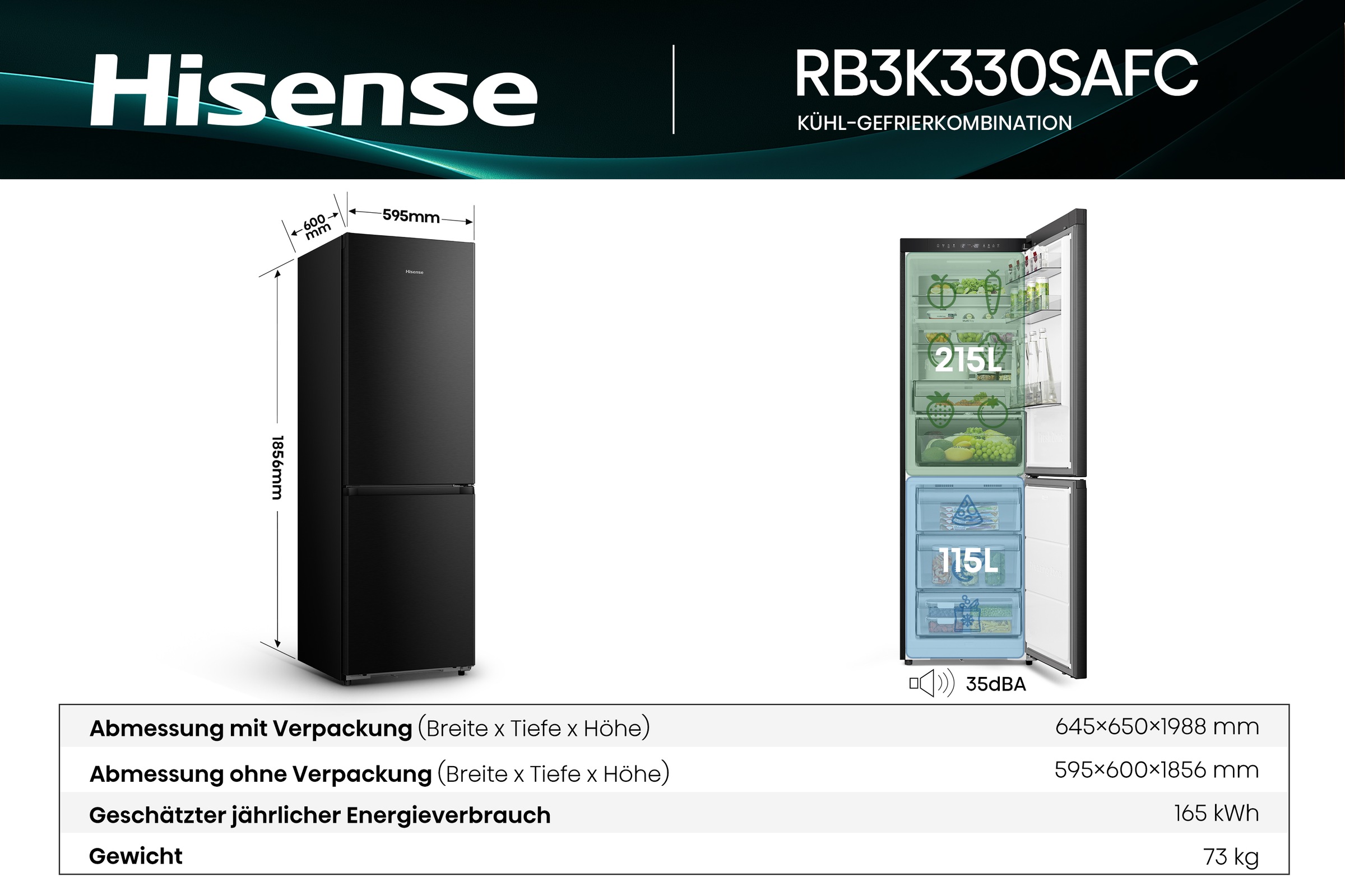 Hisense Kühl-/Gefrierkombination »RB3K330SAFC« 185,6 cm hoch 59,5 cm breit Total NoFrost