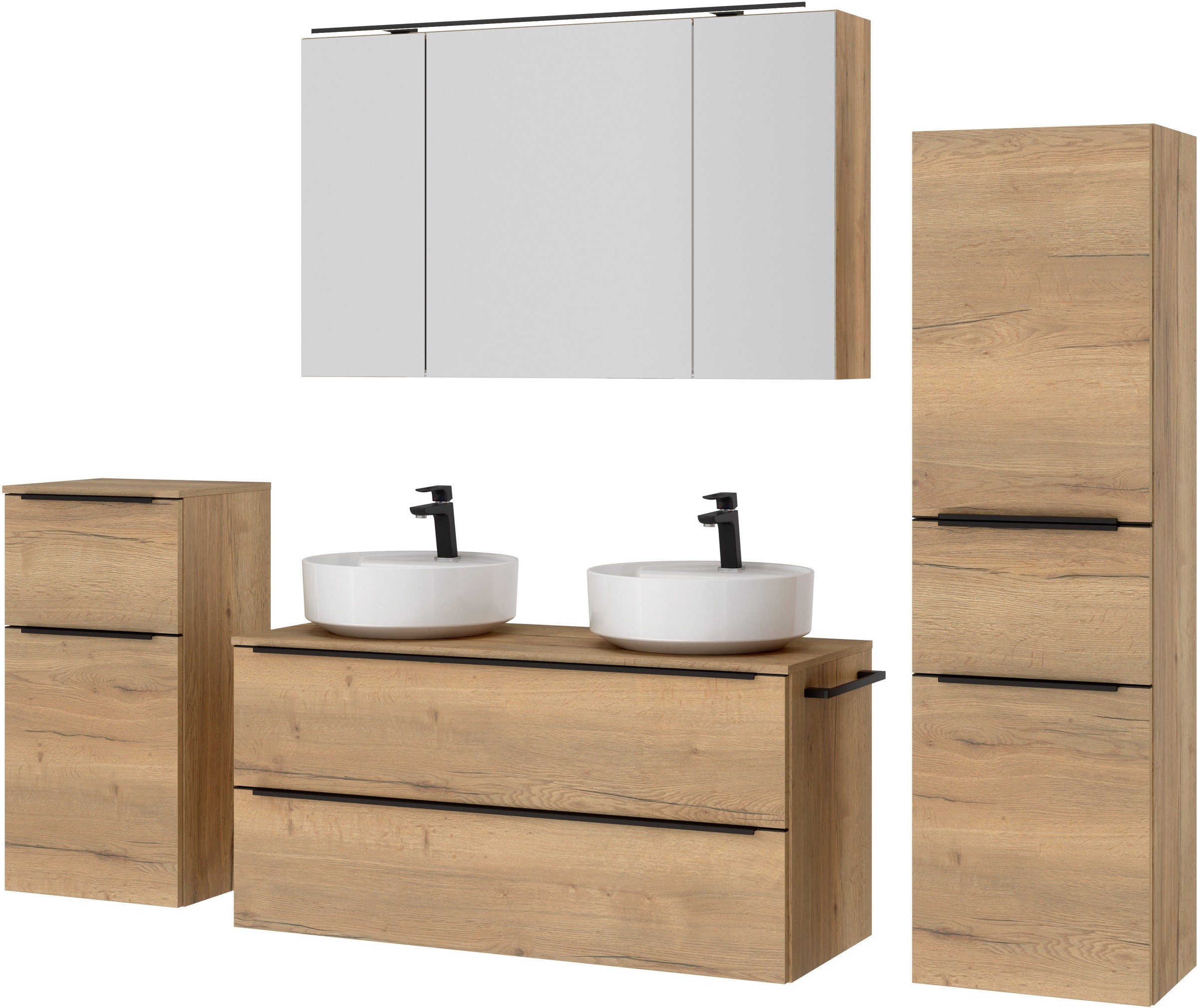 nobilia® Badmöbel-Set »Alvene«, (4 St., vormontiert, mit Soft-Close), inkl. Spiegelschrank mit Beleuchtung und Dimmerfunktion, in 4 Breiten