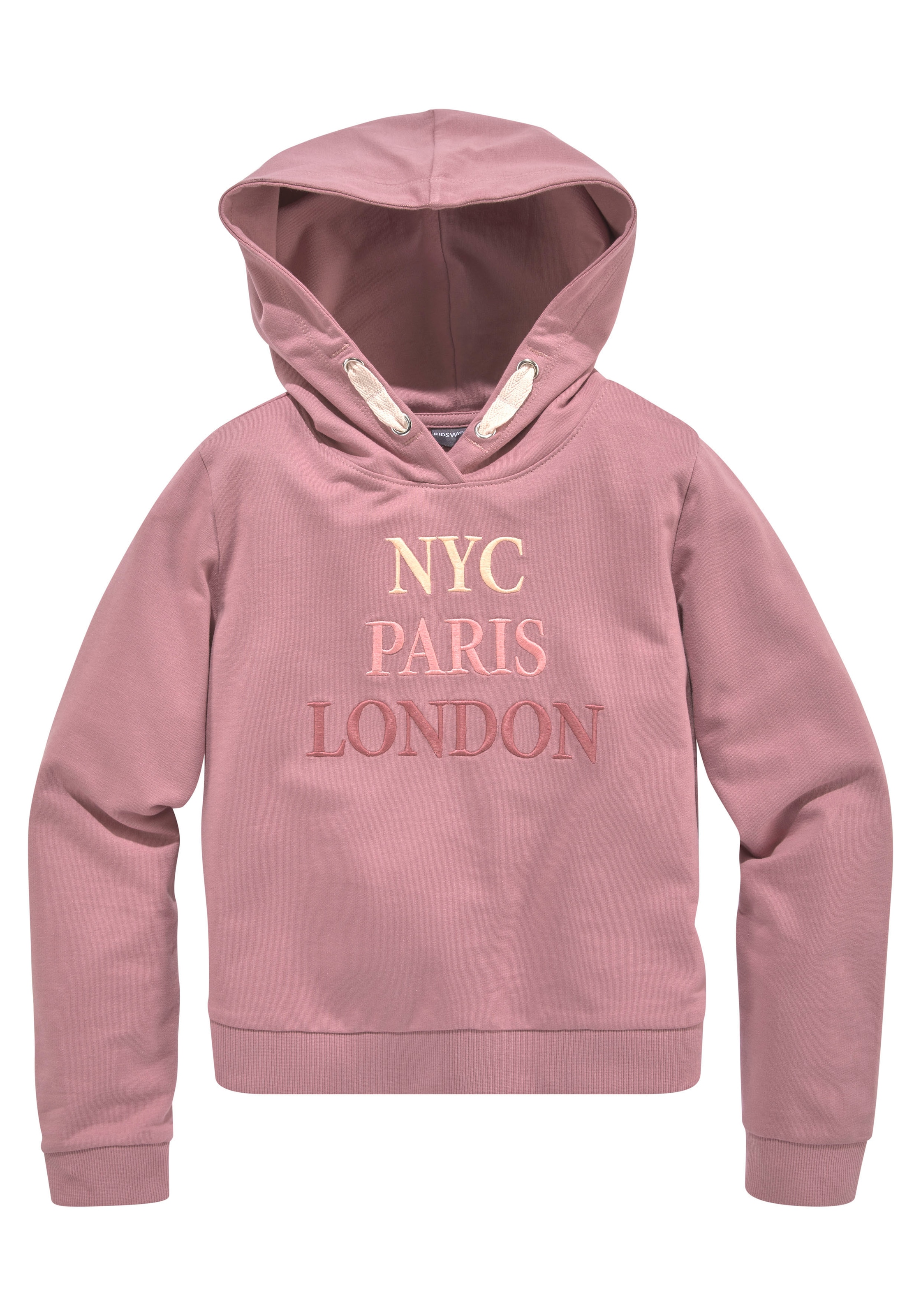 KIDSWORLD Kapuzensweatshirt »NYC Paris London - Stickerei«, Langarm,  gerade Passform,  bedruckt,  Kapuze,  aus Baumwolle
