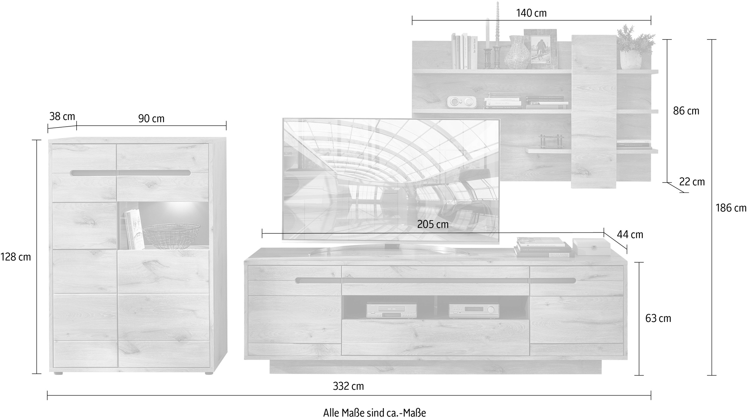 Innostyle Wohnwand »BELLANO«, (Komplett-Set, 3 St.), inkl. LED-Beleuchtung