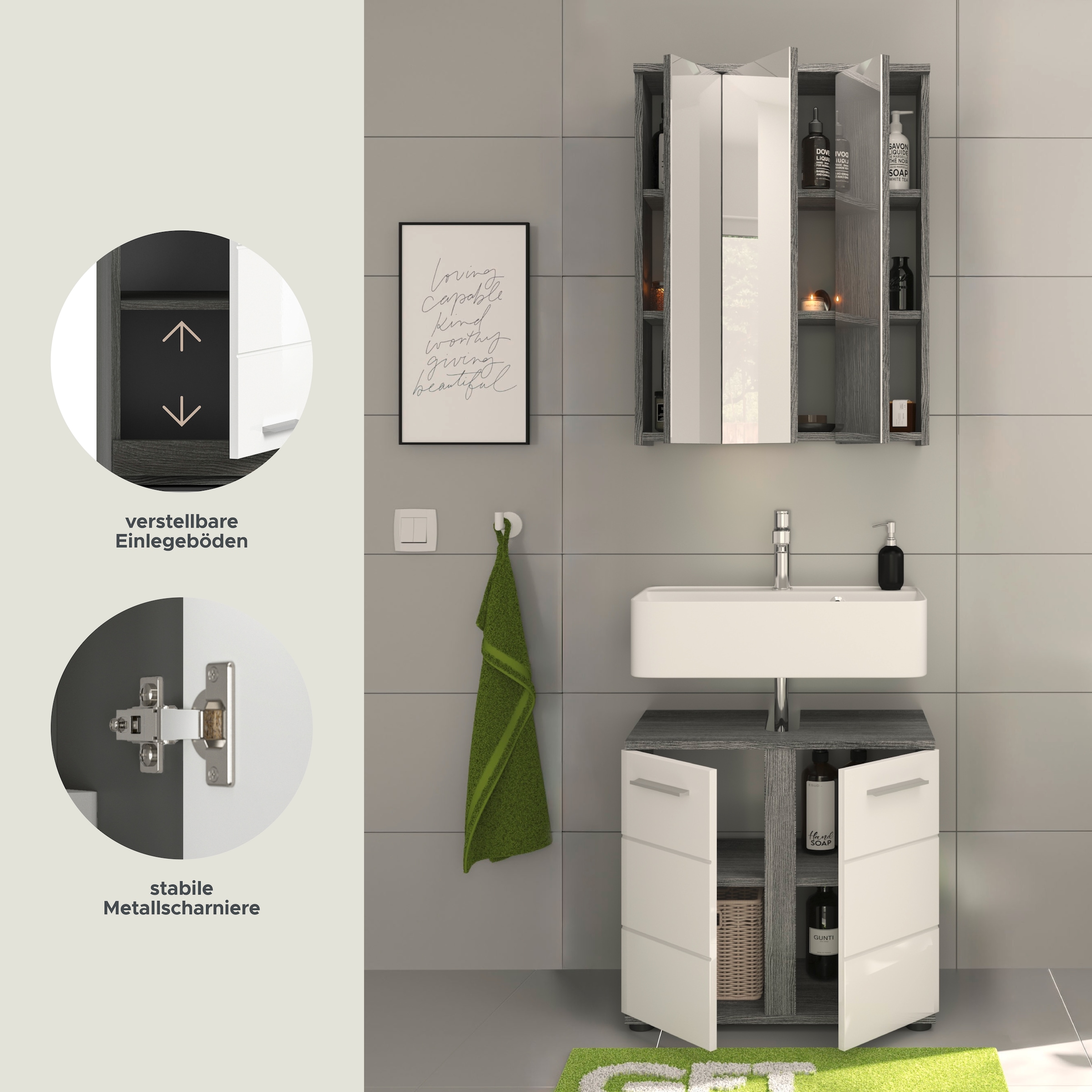 welltime Badmöbel-Set »LUCCA, 2- teilig, TOPSELLER!, Waschbeckenunterschrank, Spiegelschrank«, (Set, 2 St., bestehend aus: 1x Waschbeckenunterschrank & 1x Spiegelschrank), hochwertige MDF Front, Badmöbel, Kombination, Kombi, Badezimmer