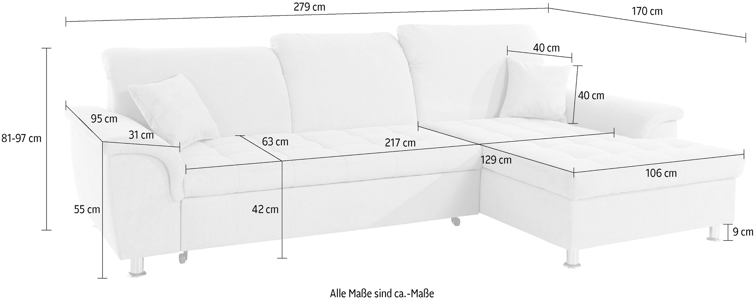 DOMO collection Ecksofa »Franzi, zeitlos und elegant, moderne Sitzheftung, L-Form«, wahlweise mit Kopfteilverstellung (dann Tiefe: 170 cm)