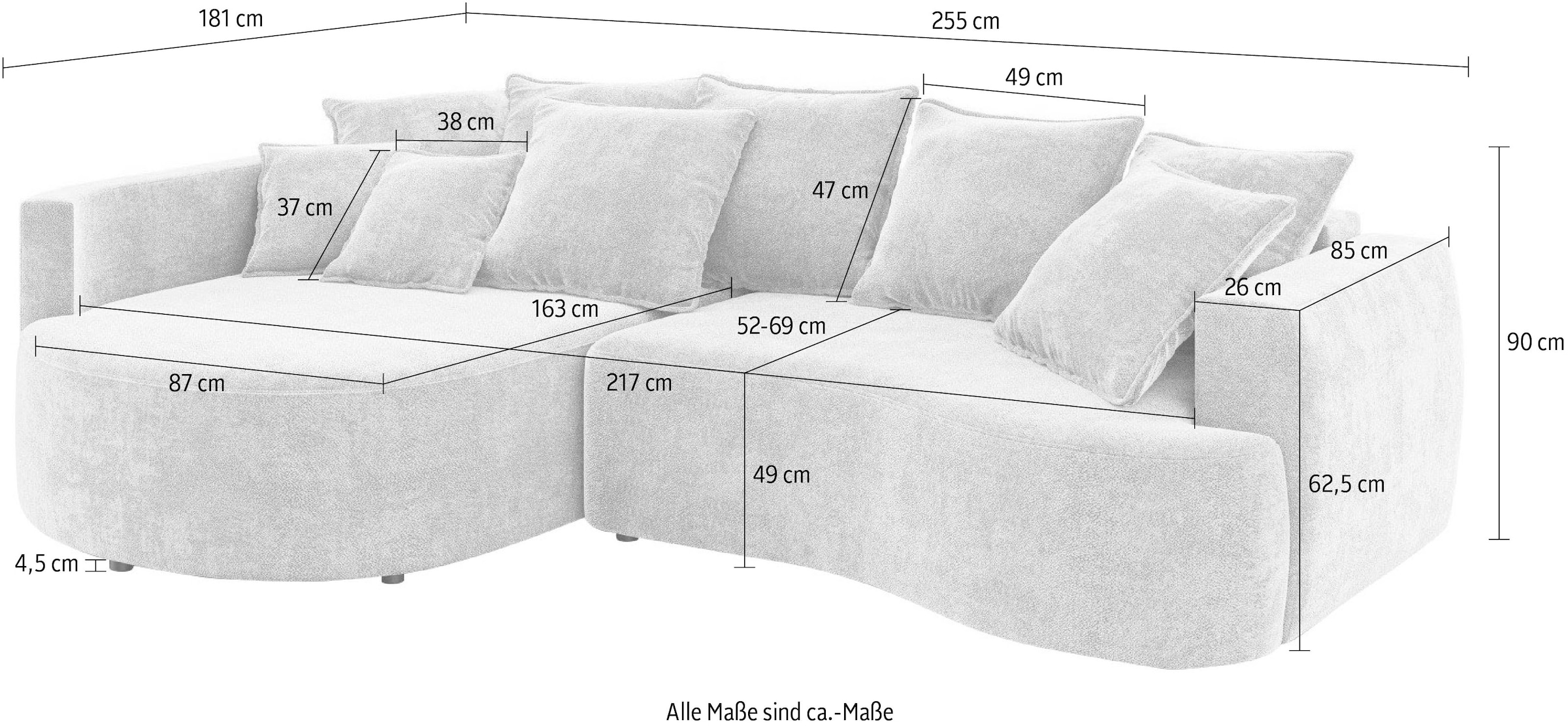 INOSIGN Ecksofa »Kahekili, Schlafsofa mit Bettkasten, Maße B/T/H: 255/181/90/ cm«, L-Form mit Wellenunterfederung, 7 Rückenkissen und 2 Zierkissen