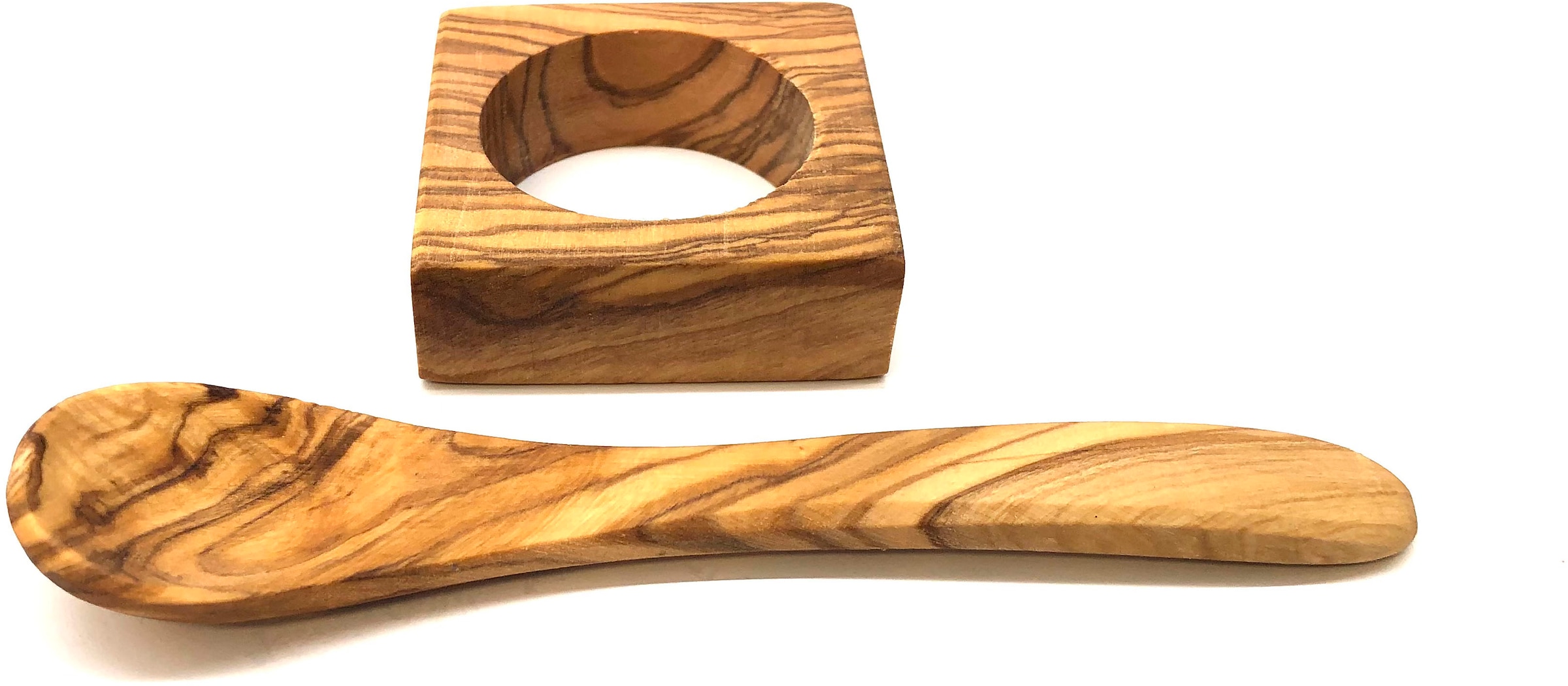 Olivenholz-erleben Eierbecher »Troué mit Eierlöffel aus Olivenholz«, (Set, 12 tlg., 6x Eierbecher und 6 Eierlöffel), besonders platzsparende eckige Form, Olivenholz ist lebensmittelecht
