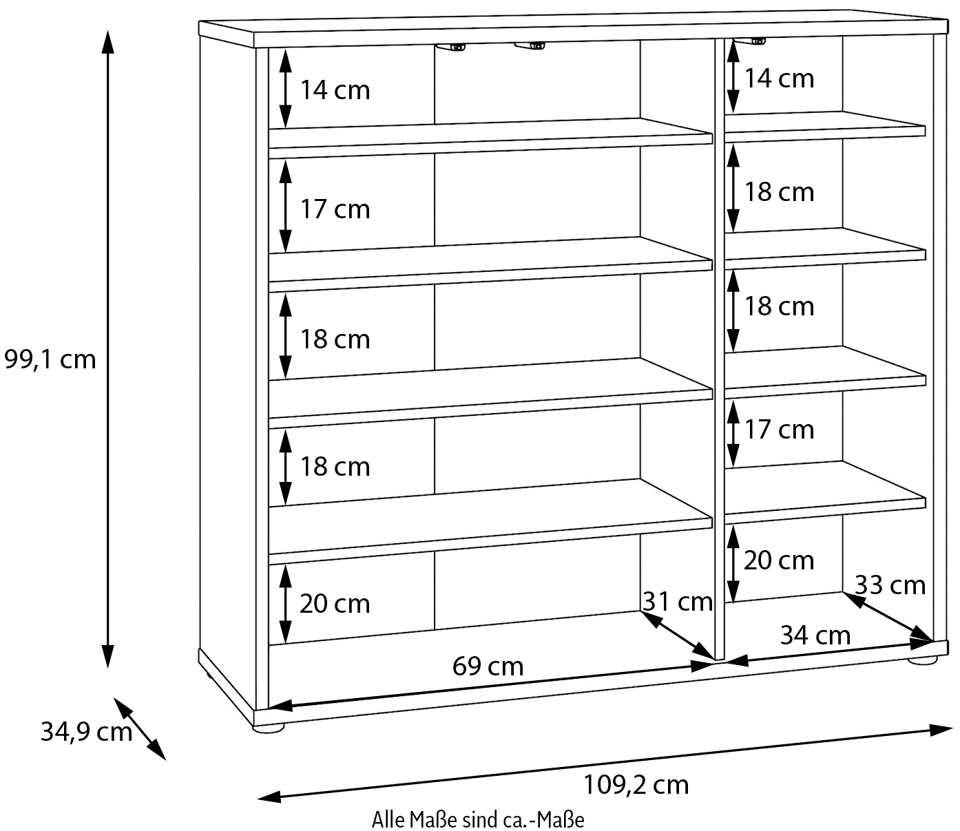 FORTE Schuhschrank »Alice Springs«, (B/H/T 109,2/99,1/34,9 cm), Stauraumschrank, Mehrzweckschrank, grifflose Front, Push to open