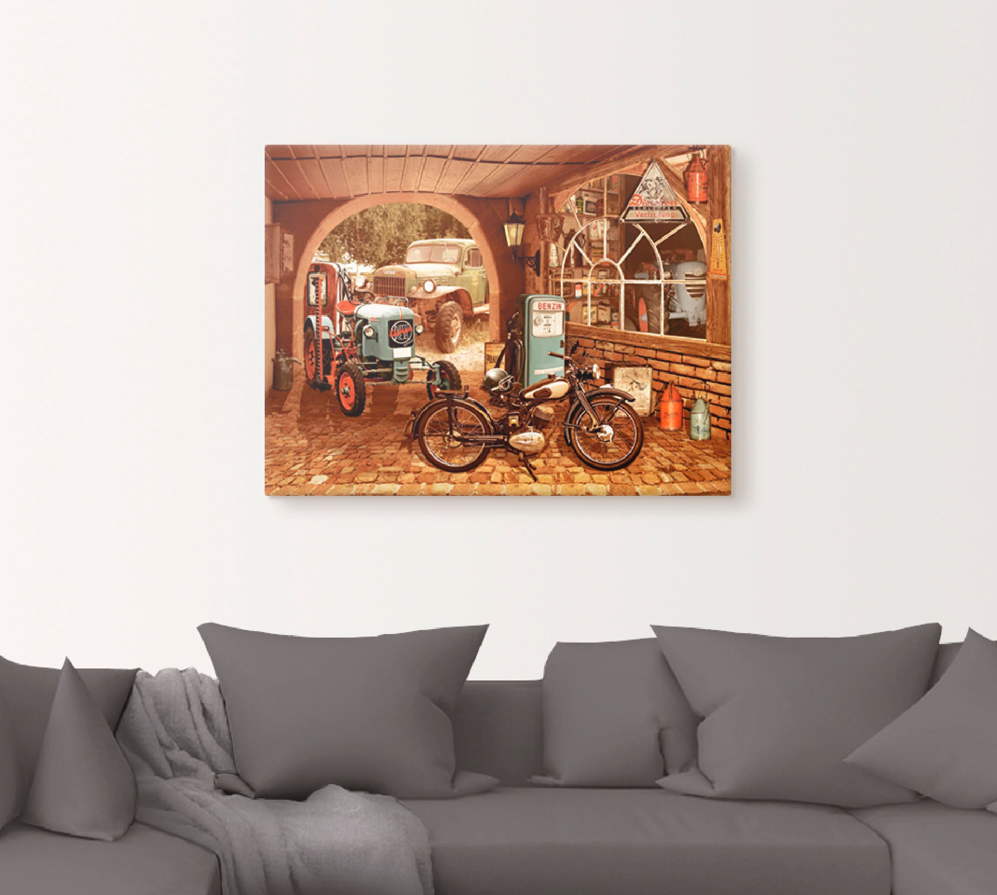 Artland Wandbild »Werkstatt mit Traktor und Motorrad«, Traktoren, (1 St.), als Alubild, Outdoorbild, Leinwandbild, Wandaufkleber, versch. Größen