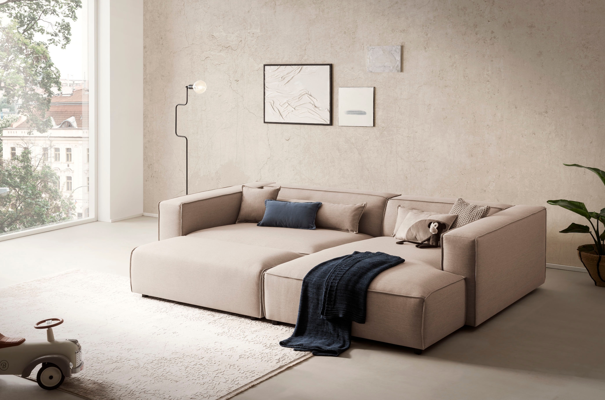 LeGer Home by Lena Gercke Polsterecke »PIARA XXL, L-Form mit Schlaffunktion, Big-Sofa in Cord o. Leinenoptik«, Hocker stellbar zum Schlafsofa (Krokodilverbinder), tiefe Sitzfläche